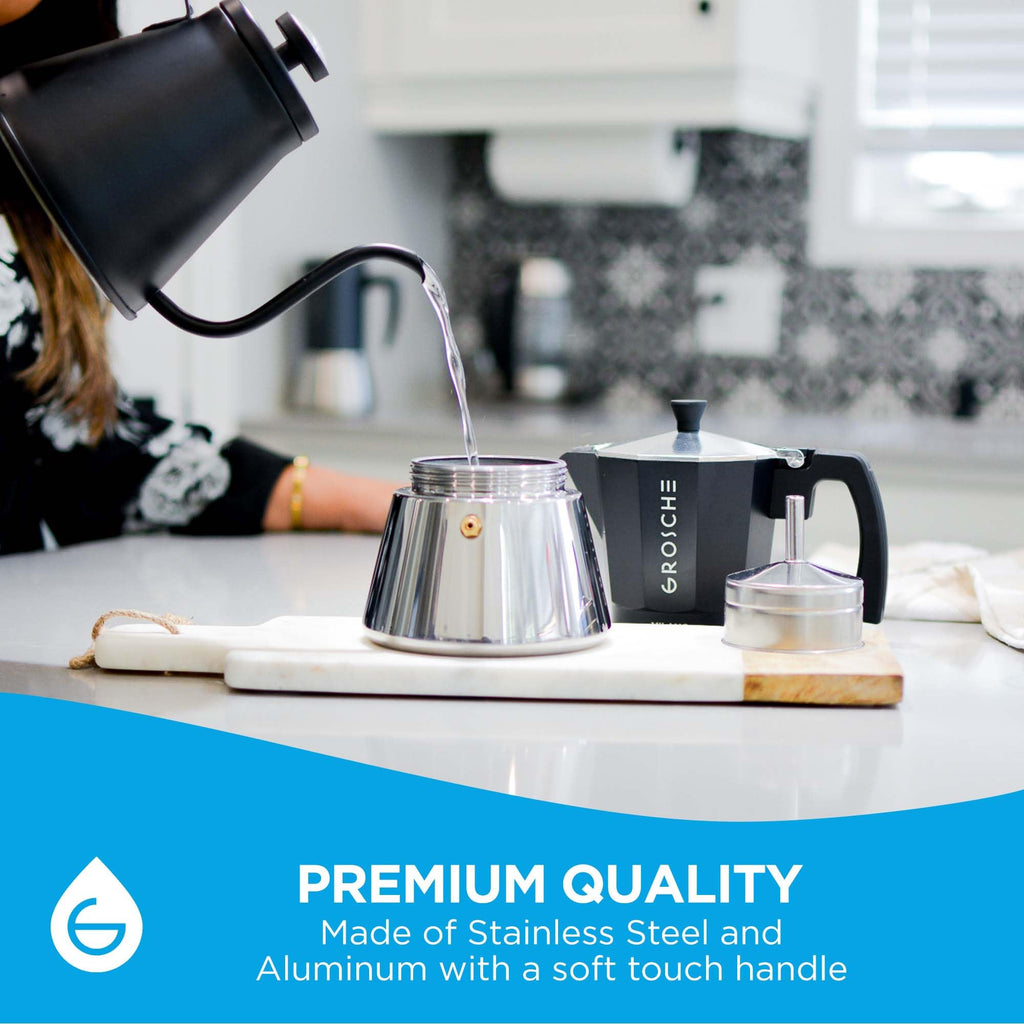 GROSCHE Milano Moka pot, Stovetop Espresso maker, Greca Coffee Maker, Stovetop coffee maker and espresso maker percolator (Grey, 6 cup)