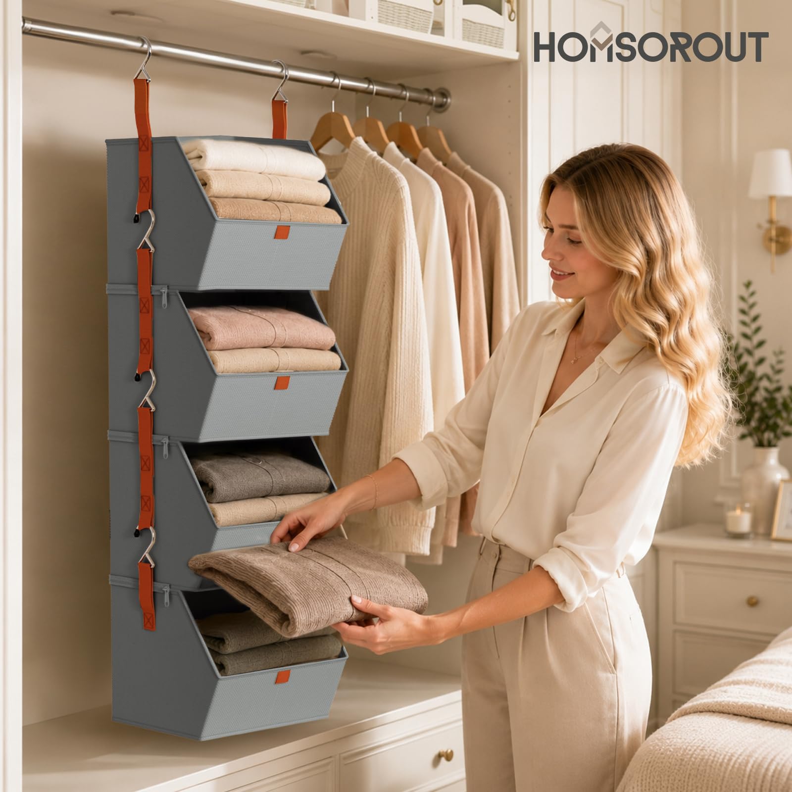 Homsorout Hanging Closet Organizer 4 Tier - Clothes Hanging Shelves, Space-Saving Closet System, Fabric Storage Bins Bedroom Organization, Collapsible Baskets for Home, Dorm, Rv, Beige