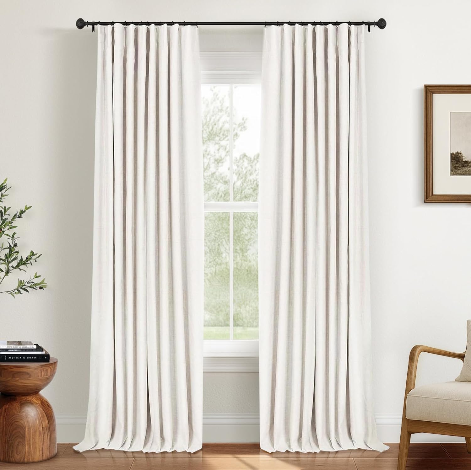INOVADAY 100% Blackout Curtains for Bedroom, Black Out Curtains 84 Inch Long, Clip Rings Linen Blackout Drapes, Thermal Insulated Room Darkening for Living Room, 2 Panels - Beige,W50xL84