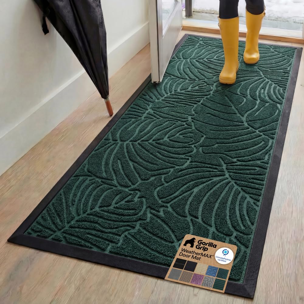 GORILLA GRIP 100% Waterproof All-Season WeatherMAX Doormat US Designed Natural Rubber, Stain Fade Resistant, Low Profile Indoor Outdoor Front Door Mats Outside Entrance, Easy Clean 29x17 Gray Diamond