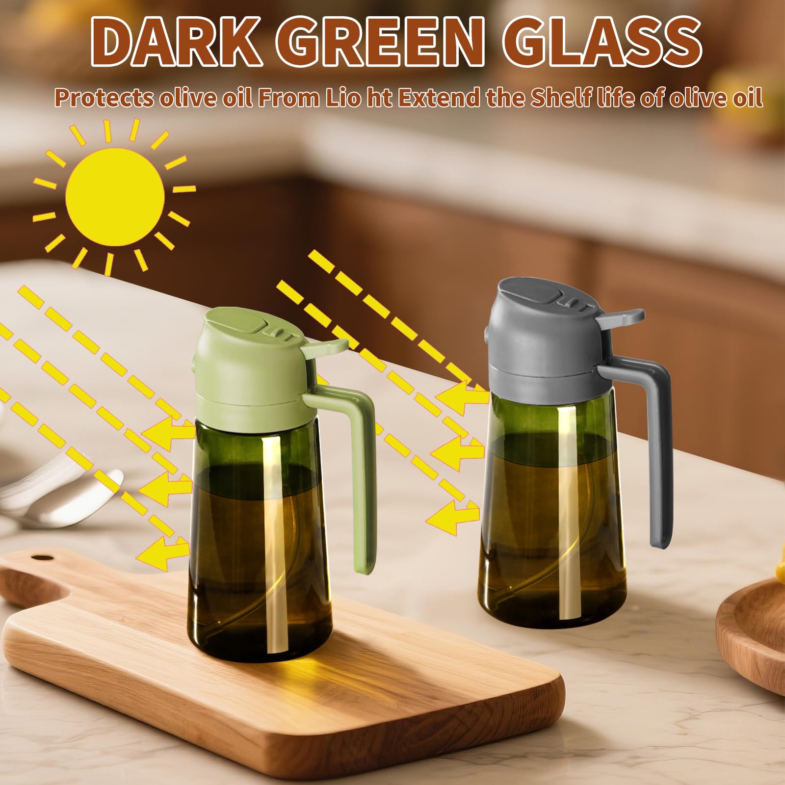 SWEET VIEW Olive Oil Dispenser and Oil Sprayer – 16oz/470ml Glass Light-Proof Oil Pourer for Kitchen, Air Fryer, Cooking, Salad, and BBQ