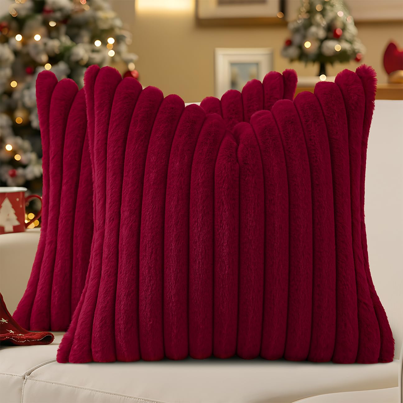 decorUhome Cozy Faux Fur Spring Throw Pillow Covers 18x18 Set of 2 Decorative Soft Plush Striped Modern Farmhouse Boho Couch Pillow Cases with Velvet Back for Sofa Bed Living Room, Cream White