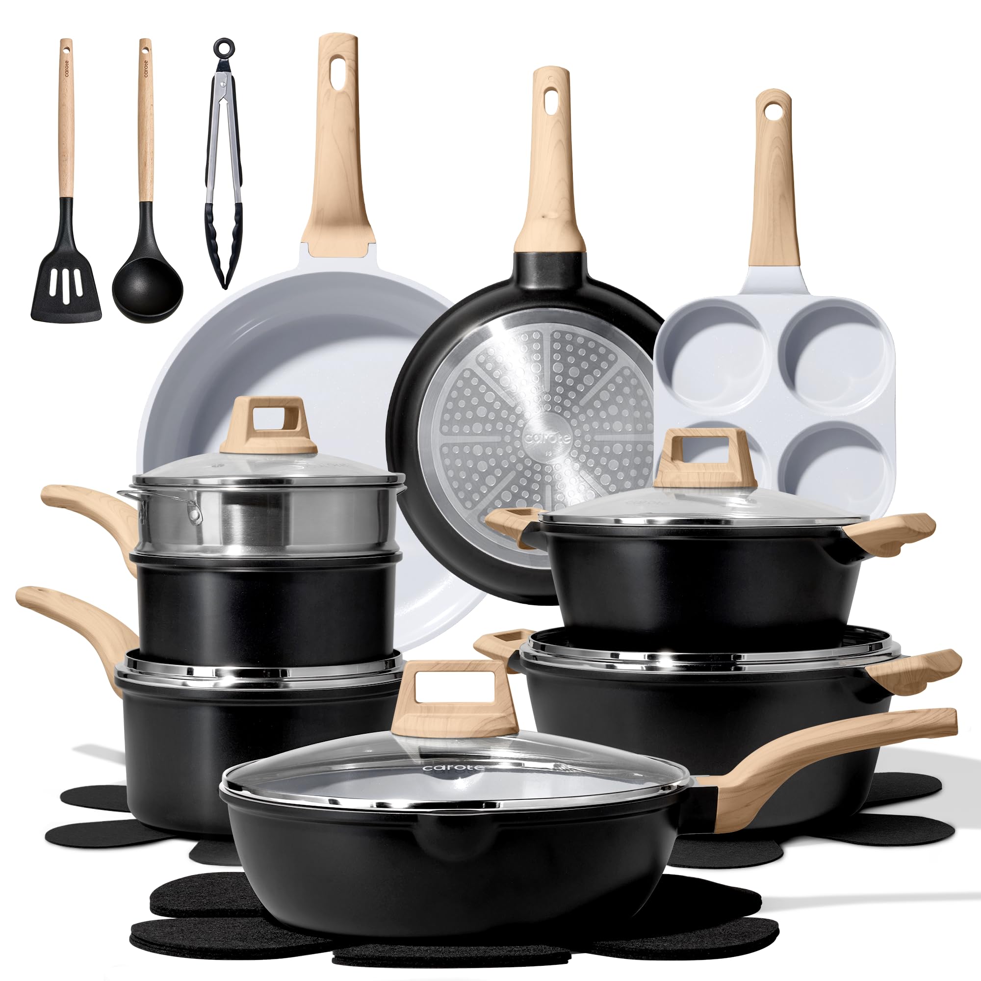 CAROTE 21Pcs Pots and Pans Set, Nonstick Cookware Sets, White Granite Induction Cookware Non Stick Cooking Set w/Frying Pans & Saucepans(PFOS, PFOA Free)