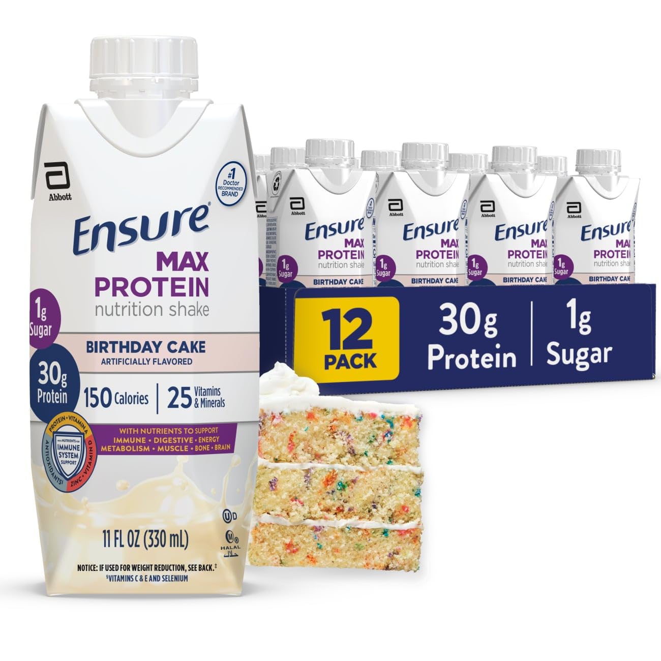 Ensure Max Protein Shake | French Vanilla | Ready to Drink | 30g Protein for Muscle Health | 1g Sugar, 4g Fiber | 11 fl oz, 12 Pack