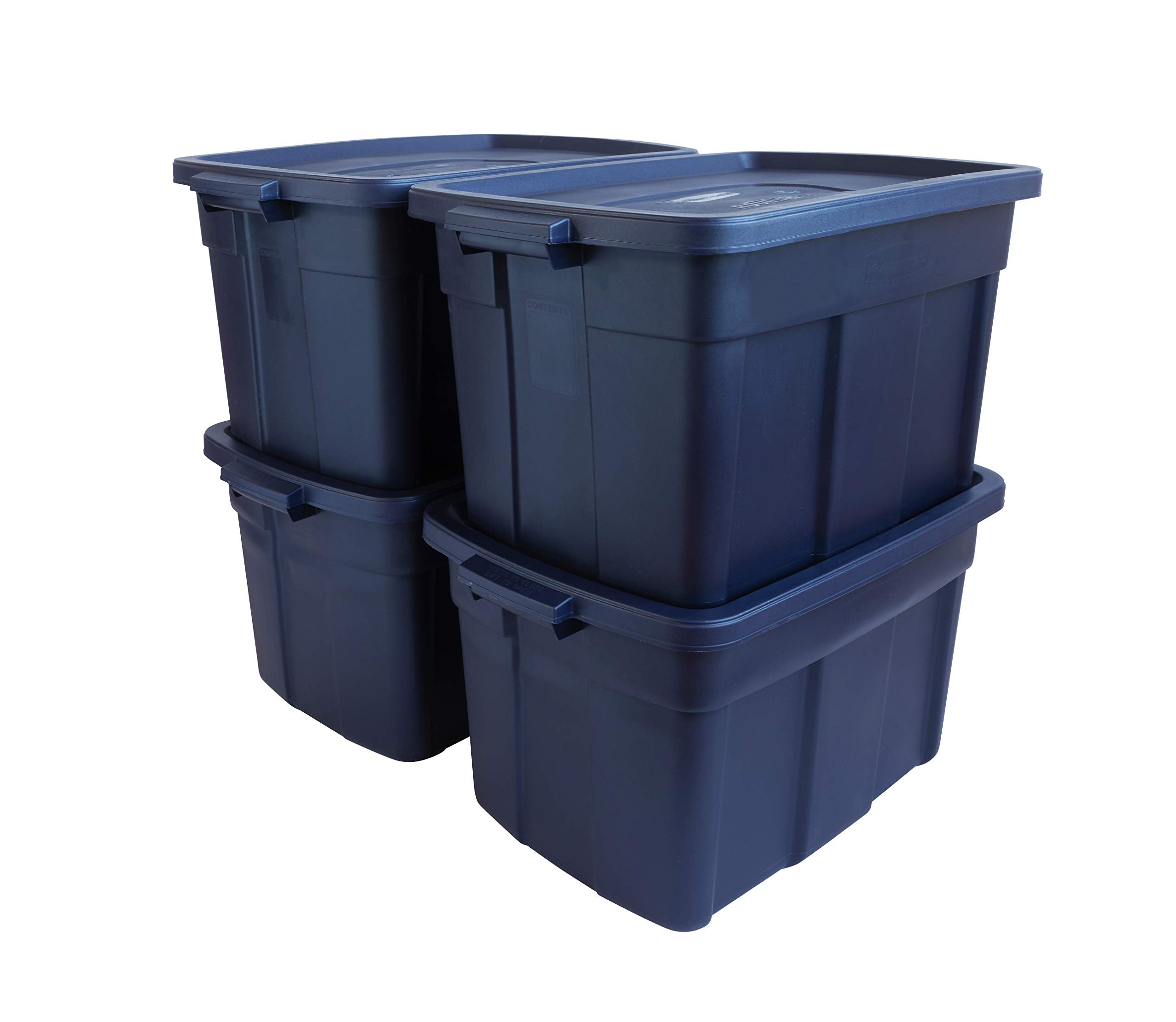Rubbermaid Roughneck Tote 14 Gal, 6 Pack, Made in USA, Dark Indigo Metallic, Rugged Plastic Stackable Storage Bins with Lids and Handles