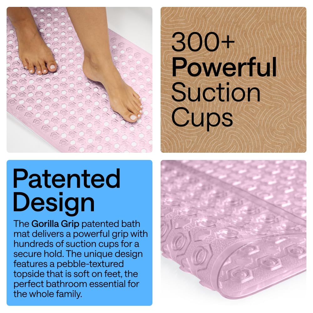 GORILLA GRIP Patented Bath Tub Shower Mat, Machine Washable Bathtub Floor Liner Mats, Suction Cups and Drain Holes to Keep Tubs Clean, Soft on Feet, Bathroom Essentials, 35x16 Inch, Clear
