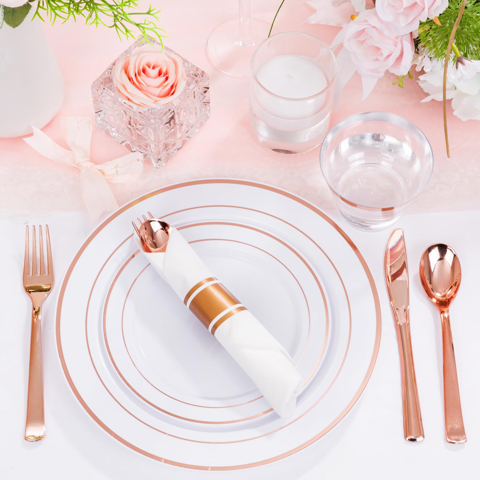 DaYammi 350PCS Gold Plastic Dinnerware Set for 50 Guests, Fancy Disposable Plates for Party, Include: 50 Dinner Plates, 50 Dessert Plates, 50 Pre Rolled Napkins with Gold Silverware, 50 Cups