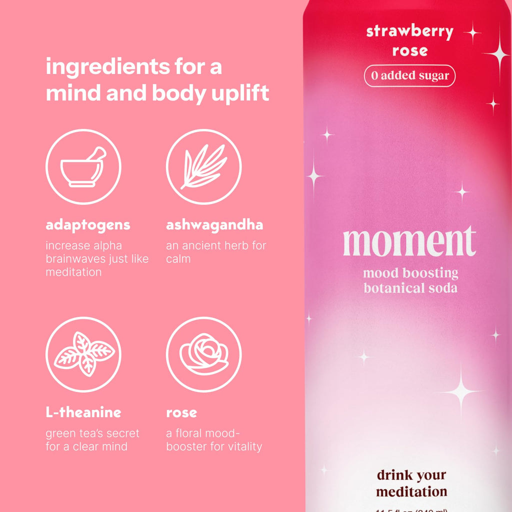 Moment Botanical Soda (Shark Tank) - Calm, Clarity & Relaxation with L-Theanine & Ashwagandha - Non Alcoholic Drinks for Adults - Sparkling Adaptogen Drink - 0 Sugar 0 Caffeine - 12 Pack 11.5 fl oz