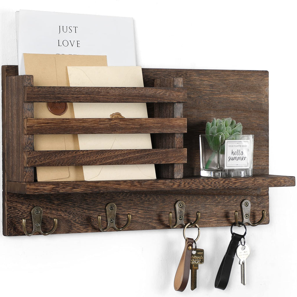 Key & Mail Holder for Wall - Rustic Natural Paulownia Wood, 4 Double-Hook Hangers - Wall Mounted Organizer for Decor, Bags, Accessories - Hardware & Manual Included (Brown)