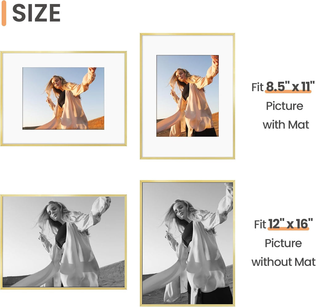 upsimples Aluminum 12x16 Picture Frame Gold, Display Photo 8.5x11 with Mat or 12 x 16 without Mat, Wall Hanging Metal Poster Frame with Acrylic Cover, 1 Pack