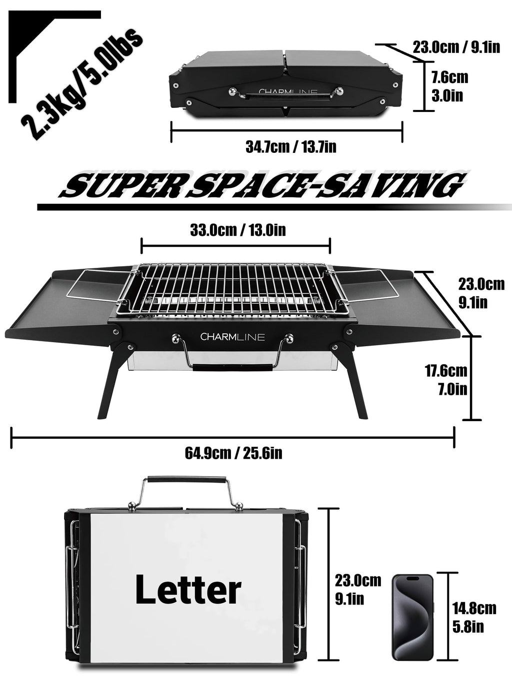 Charmline 14 x 9 inches Portable Charcoal BBQ Grill, Foldable Compact Camping Barbecue for 1–3 People, Ideal for Garden, Beach, Picnic & Tabletop Use, Green