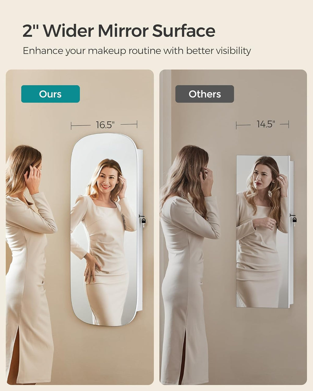 SONGMICS Jewelry Organizer, LED Jewelry Cabinet Wall/Door Mounted, Lockable Rounded Wide Mirror with Storage, Interior Mirror, 3.9 x 16.5 x 42.5 Inches, White Surface with Greige Lining