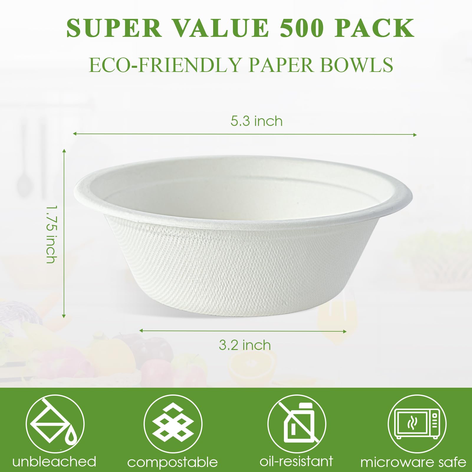 Vplus 500 Pack 12 OZ Paper Bowls Bulk, Disposable Compostable, Eco-friendly Bagasse, Heavy-duty Bowls Perfect for Milk Cereals, Snacks, Salads