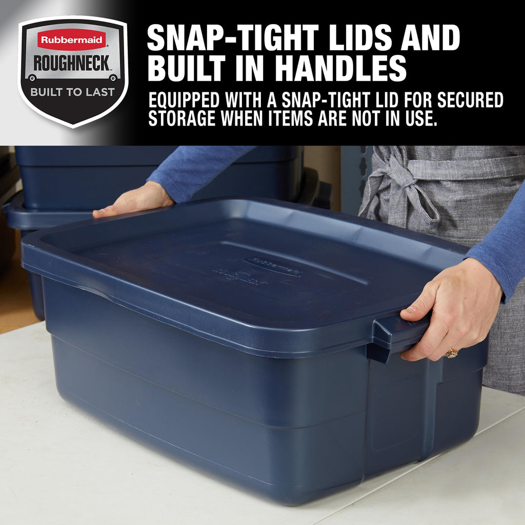 Rubbermaid Roughneck Tote 14 Gal, 6 Pack, Made in USA, Dark Indigo Metallic, Rugged Plastic Stackable Storage Bins with Lids and Handles