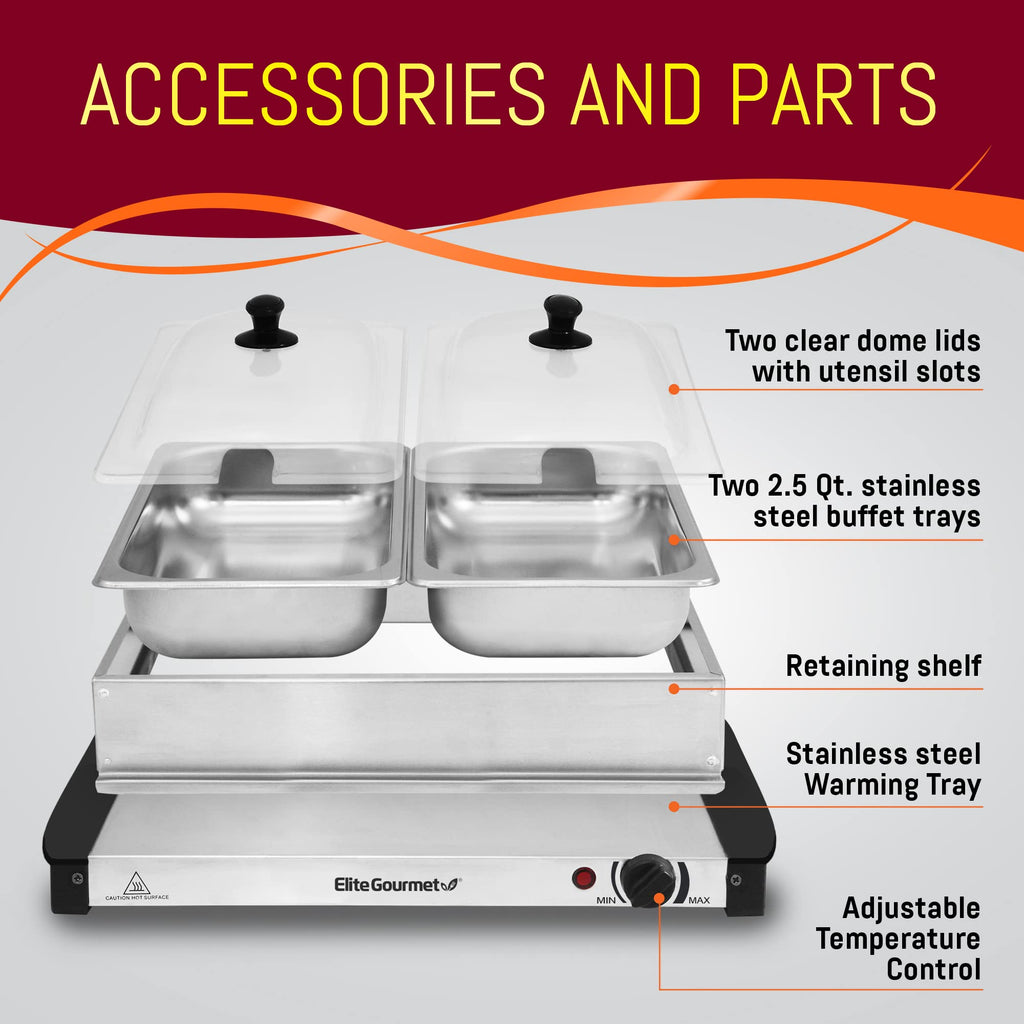 Elite Gourmet EWM-6171 Triple 3 x 2.5 Qt. Trays, Buffet Server, Food Warmer Temperature Control, Clear Slotted Lids, Perfect for Parties, Entertaining & Holidays, 7.5 Qt Total, Stainless Steel