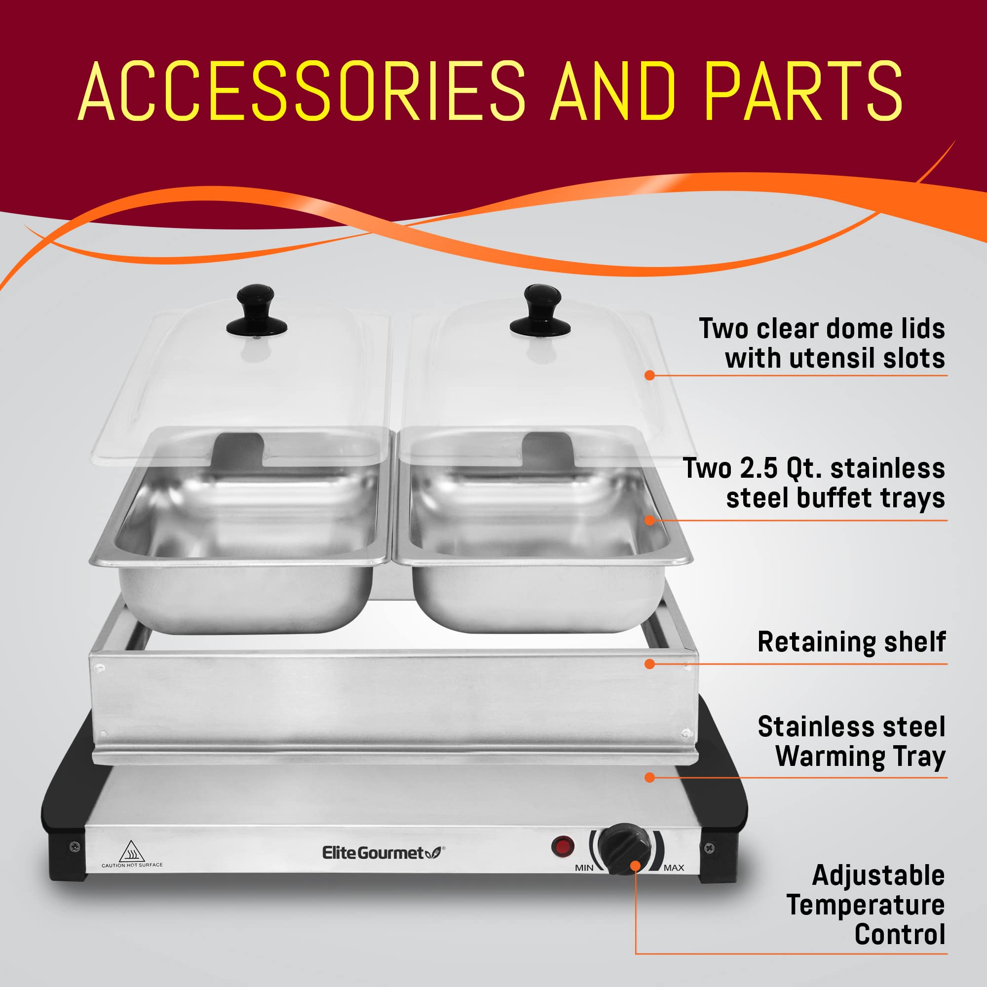 Elite Gourmet EWM-6171 Triple 3 x 2.5 Qt. Trays, Buffet Server, Food Warmer Temperature Control, Clear Slotted Lids, Perfect for Parties, Entertaining & Holidays, 7.5 Qt Total, Stainless Steel