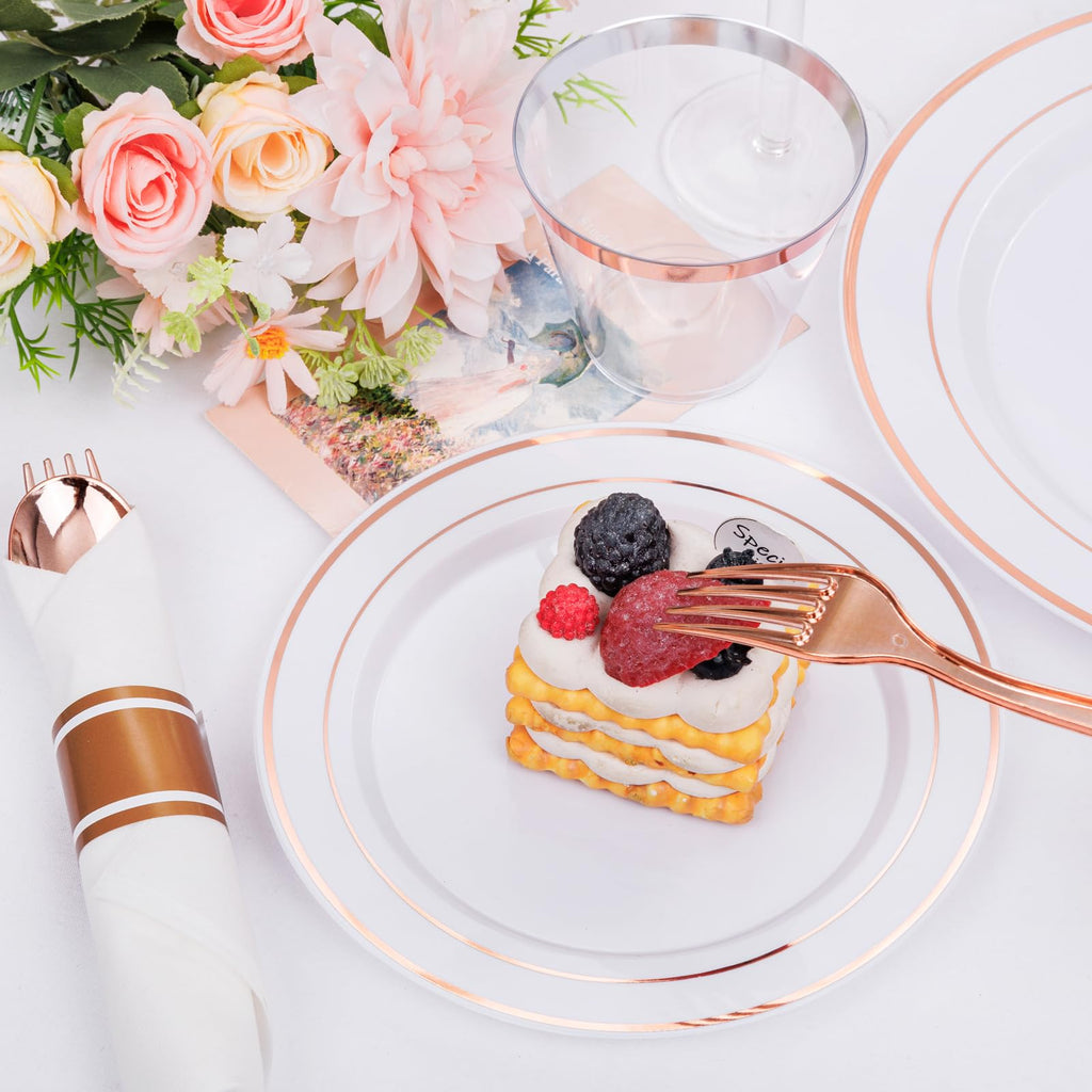 DaYammi 350PCS Gold Plastic Dinnerware Set for 50 Guests, Fancy Disposable Plates for Party, Include: 50 Dinner Plates, 50 Dessert Plates, 50 Pre Rolled Napkins with Gold Silverware, 50 Cups