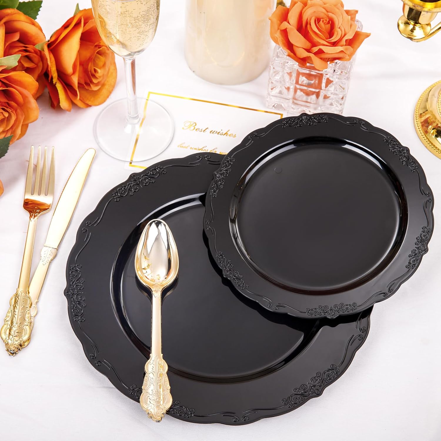 DaYammi 150Pcs Black Gold Plastic Plates & Silverware and 100 Pack Black Plastic Cups 10Oz Clear Disposable Cups with Black Rim for Party,Wedding and special days