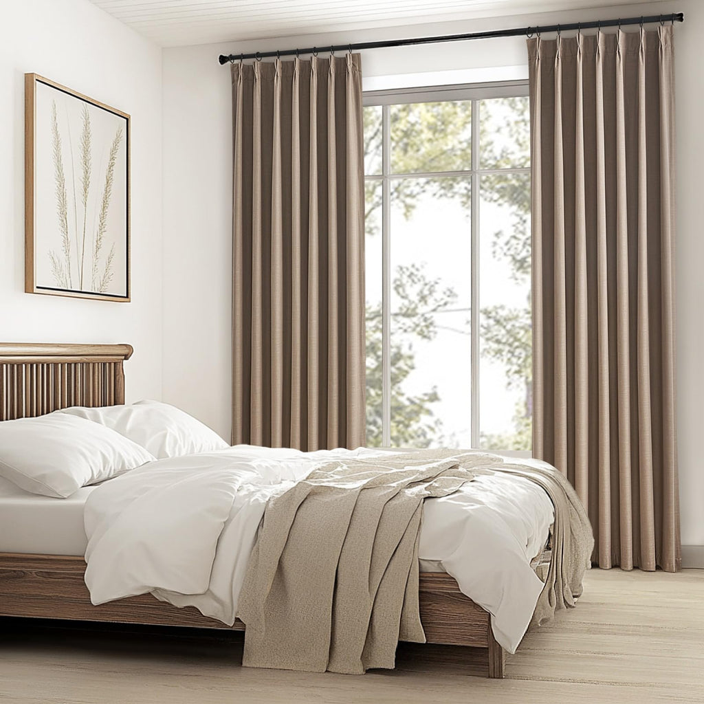 Topfinel Pinch Pleated Curtains 96 Inch Long, 100% Blackout Thermal Insulated Natural Linen Pinch Pleat Viral Drapes with Hooks Rings 2 Panel Sets, Neutral Beige Ivory 8FT Back Tab Window Curtains