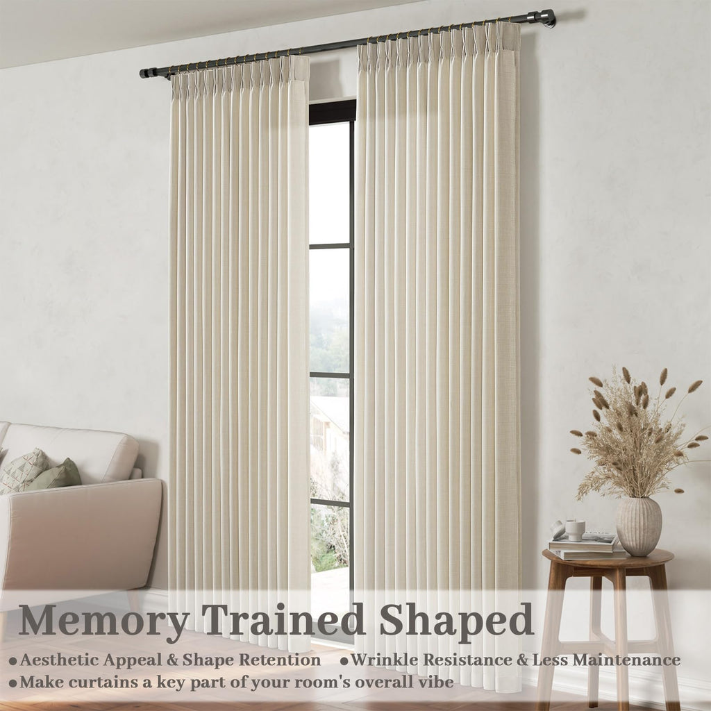 Pinch Pleated Linen Curtains 96 Inches Extra Long Olive Green Drapes, Thick Linen Light Filtering Memory Trained Pleat Curtain for Living Room and Bedroom Privacy 2 Panels Texture with Back Tab