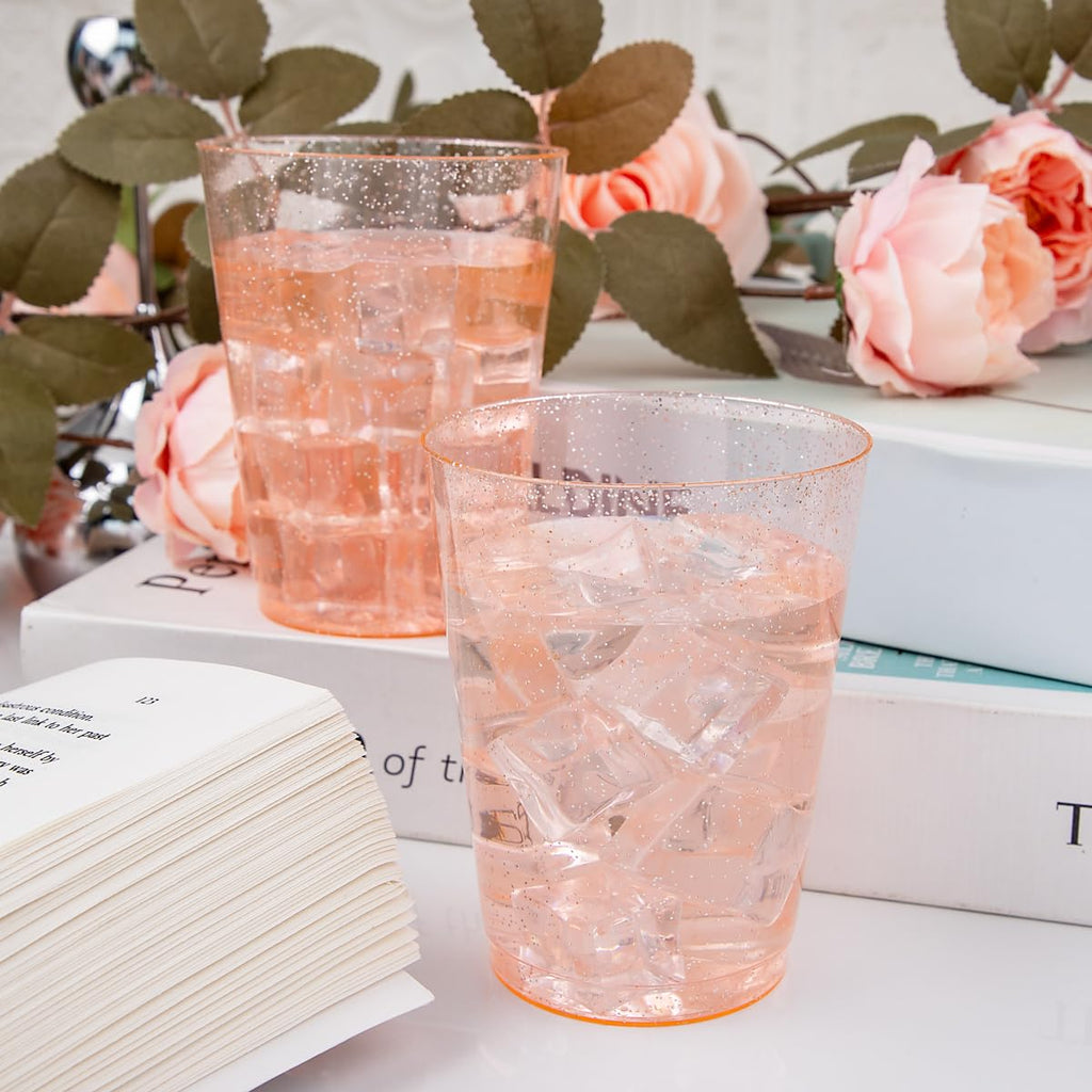 DaYammi 100 Pack 10oz Pink Plastic Cups for Party Premium Glitter Disposable Plastic Cup for Martini and Cocktail, Hard Pink Disposable Cups for Wedding,pink cups for Mother's Day Party