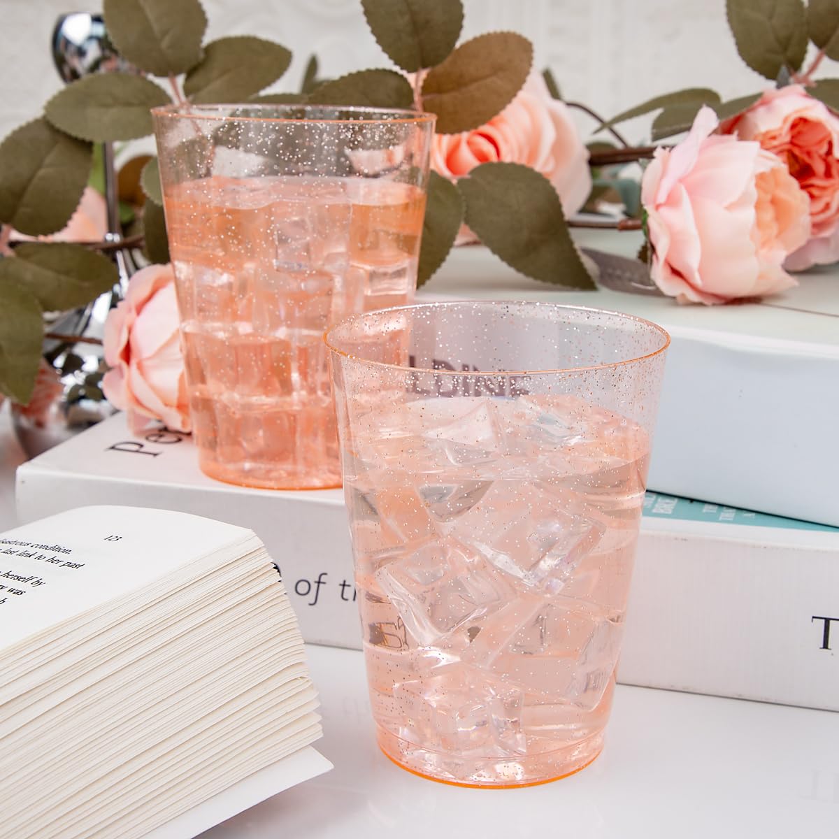 DaYammi 100 Pack 10oz Pink Plastic Cups for Party Premium Glitter Disposable Plastic Cup for Martini and Cocktail, Hard Pink Disposable Cups for Wedding,pink cups for Mother's Day Party