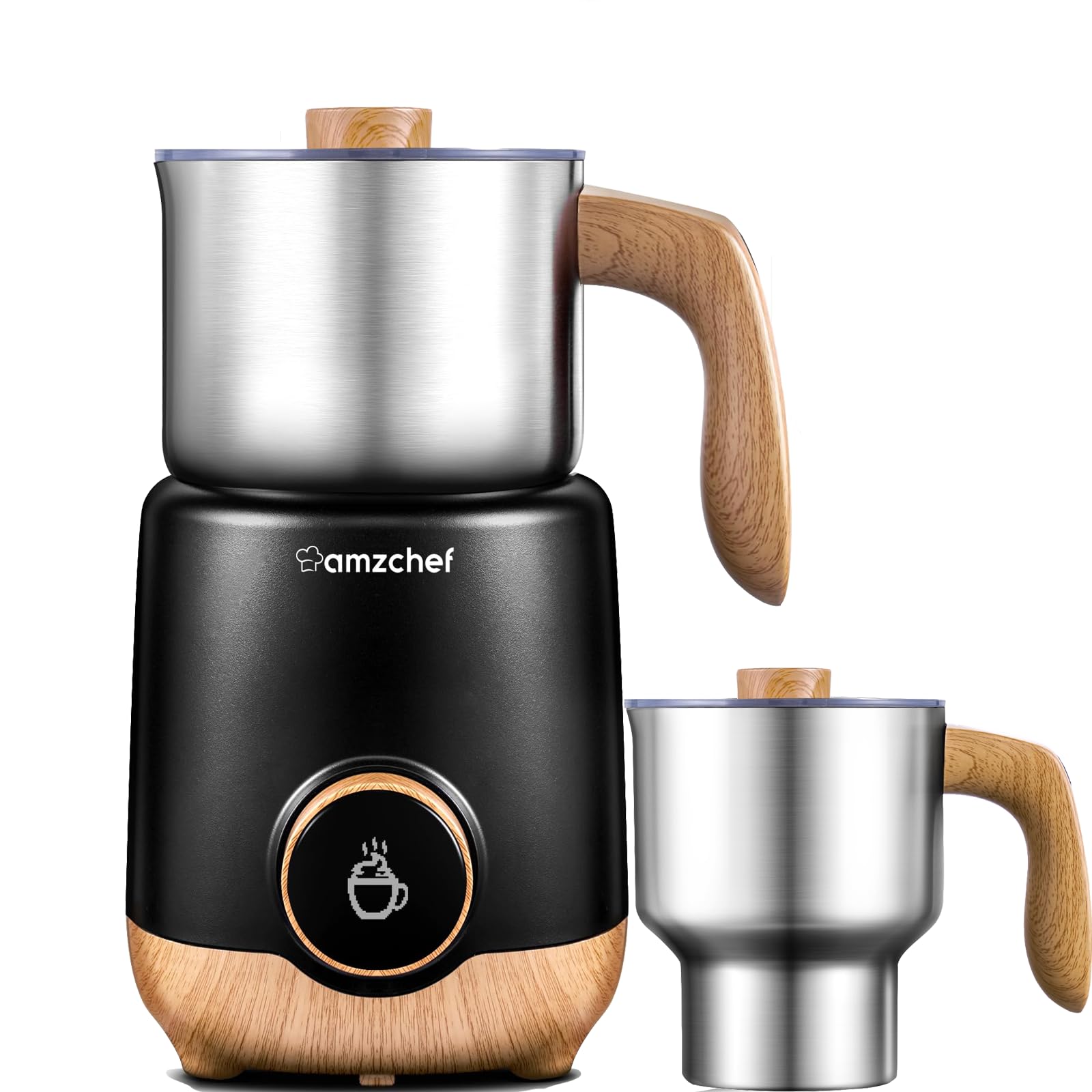 AMZCHEF 8-IN-1 Milk Frother and Steamer 21 oz, 550 Watts Split Stainless Steel Automatic Steamer, Milk's Warmer for Latte, Cappuccino, Hot Chocolate, Hot&Cold Froth, Heated Milk, Baby Food Wood&Black