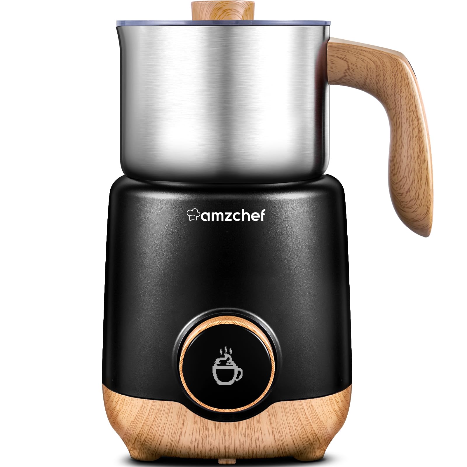 AMZCHEF 8-IN-1 Milk Frother and Steamer 21 oz, 550 Watts Split Stainless Steel Automatic Steamer, Milk's Warmer for Latte, Cappuccino, Hot Chocolate, Hot&Cold Froth, Heated Milk, Baby Food Wood&Black