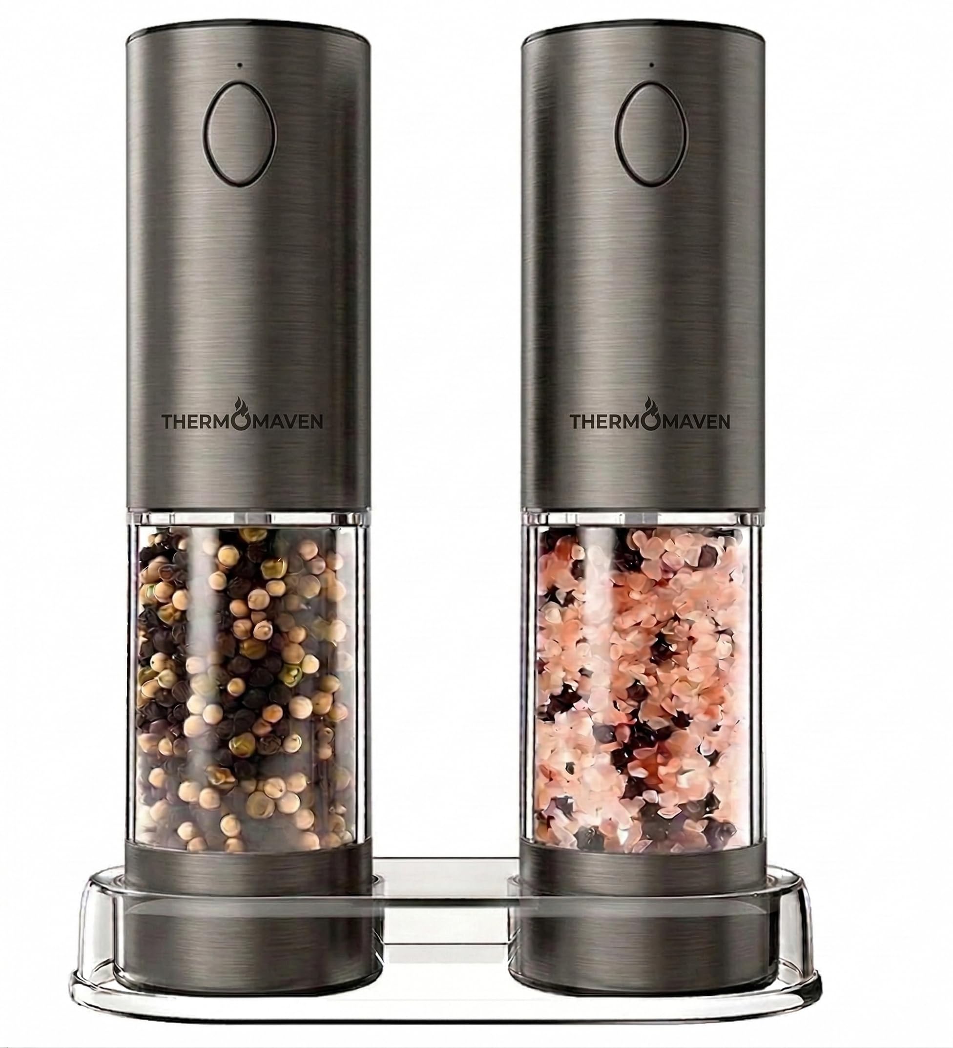 ThermoMaven Upgraded Larger Capacity Electric Salt and Pepper Grinder Set, 110ml Rechargeable Salt and Pepper Shaker with LED Light, Stainless Steel Automatic Pepper Mill with 6 Adjustable Coarseness