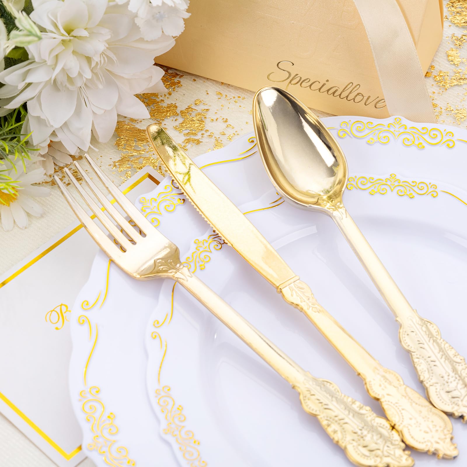 DaYammi 150Pcs Ivory Plastic Plates with Gold Rim,Disposable Plastic Plates Include 30 Dinner Plate,30 Salad Plate,30 Forks,30 Spoons,30 Knives,Ivory and Gold Plates for Party,Wedding,Mother's Day