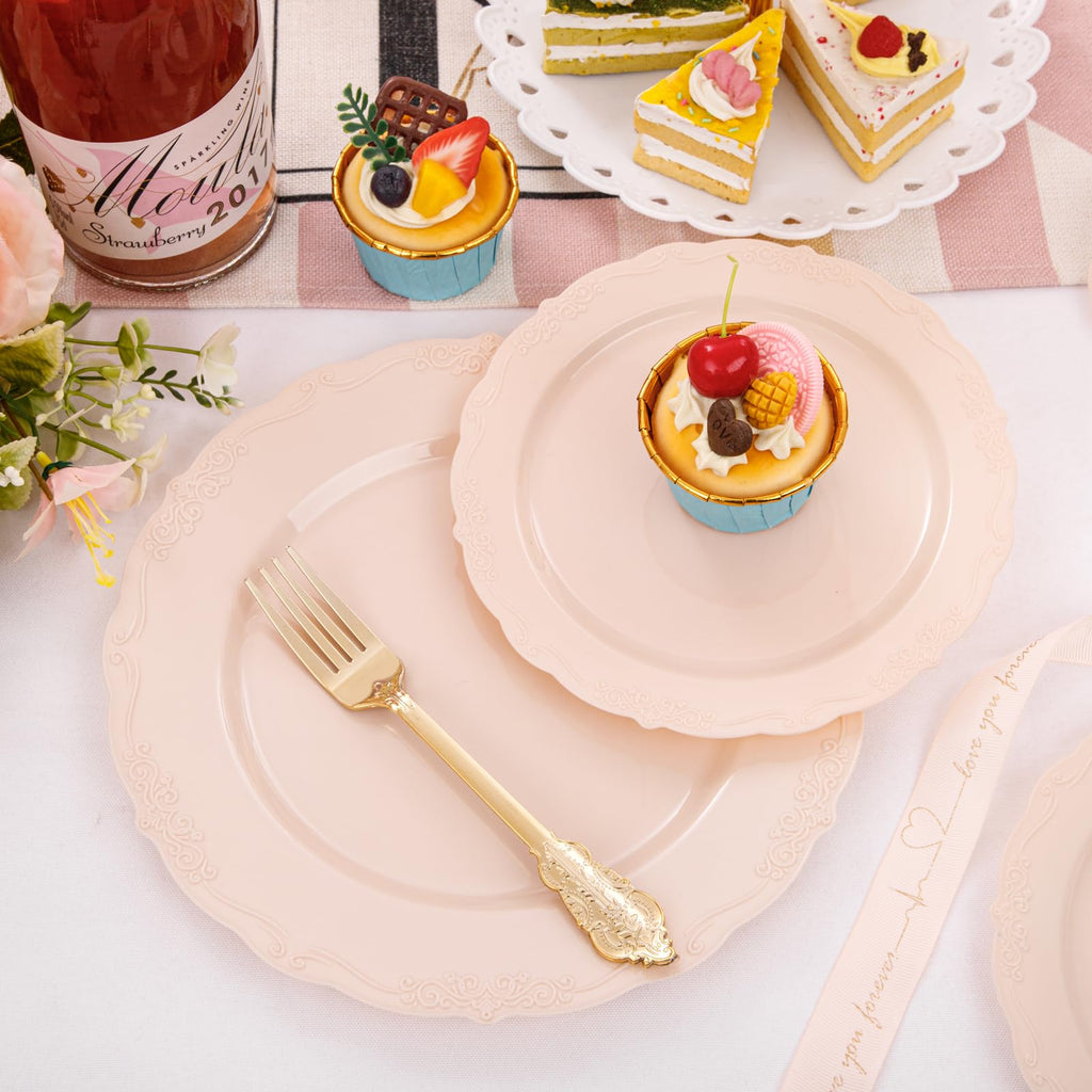 DaYammi 150Pcs Ivory Plastic Plates with Gold Rim,Disposable Plastic Plates Include 30 Dinner Plate,30 Salad Plate,30 Forks,30 Spoons,30 Knives,Ivory and Gold Plates for Party,Wedding,Mother's Day