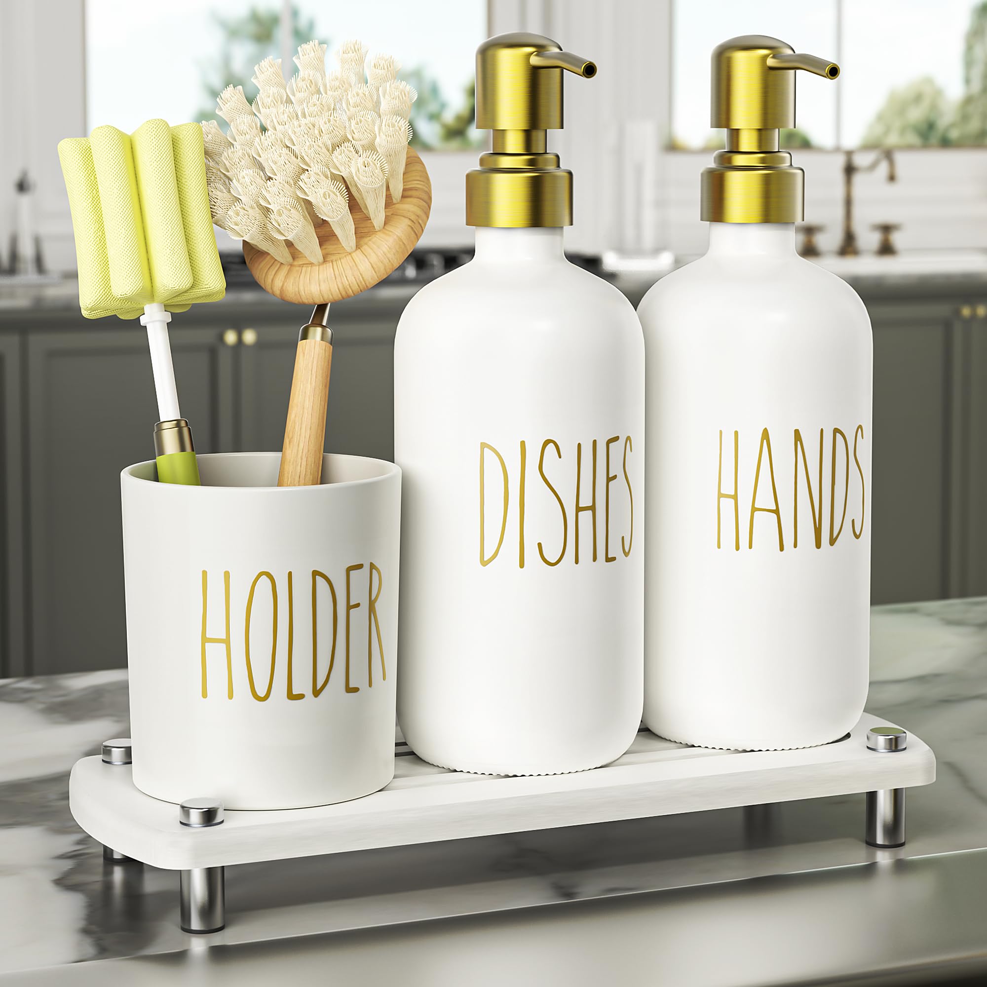 Cisily Kitchen Soap Dispenser Set Comes with Ceramics Sponge Holder, Gold Pumps, and Instant Dry Tray, Hand and Dish Soap Dispenser Set (4, Gold + White + Sponge Holder)