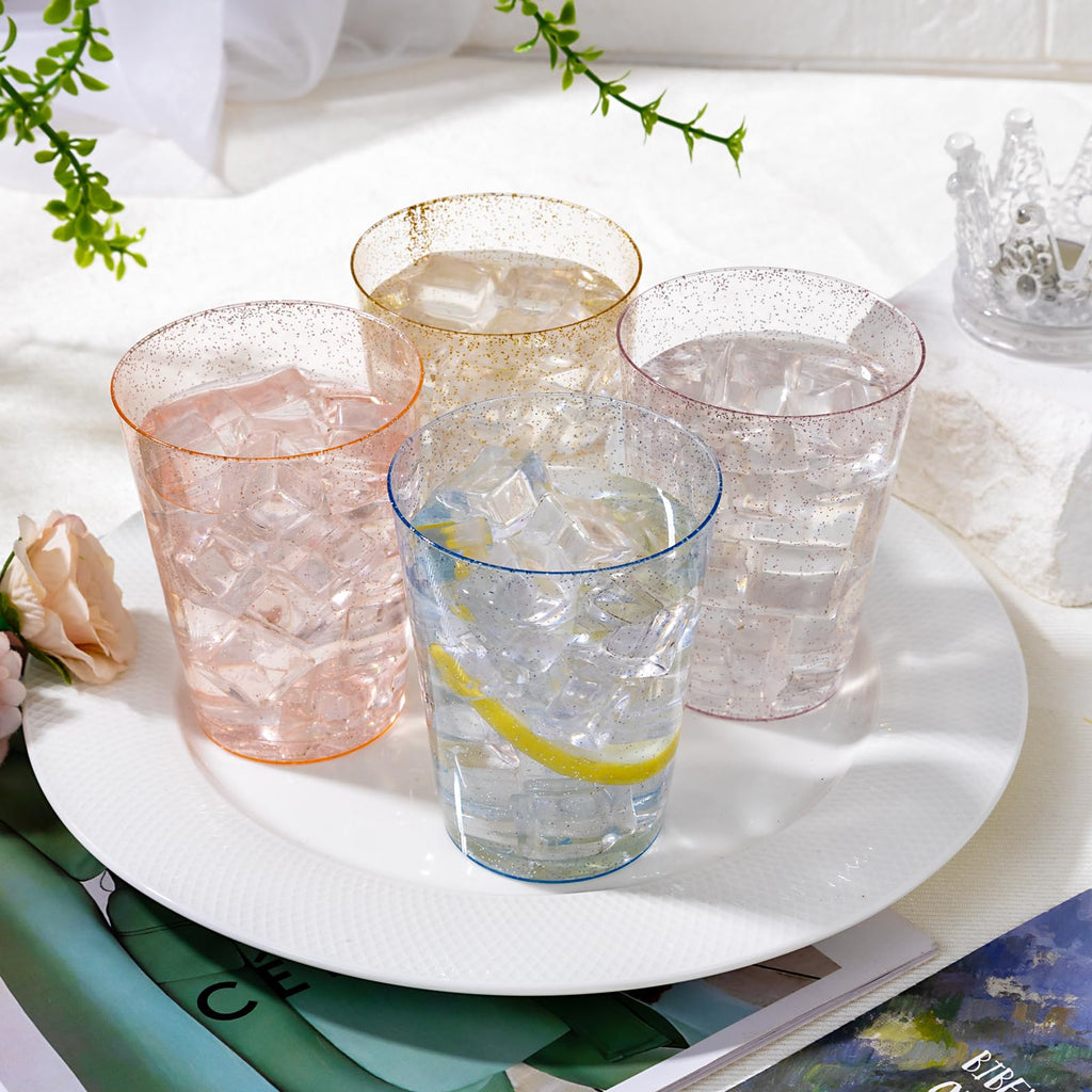 DaYammi 200 Pack Gold Plastic Cups 10 Oz Clear Cup Gold Rimmed Disposable Wine Glasses Fancy Disposable Party Cups Tumblers Drinking Cup Plastic Cocktail Glasses gold disposable cups for Party Wedding