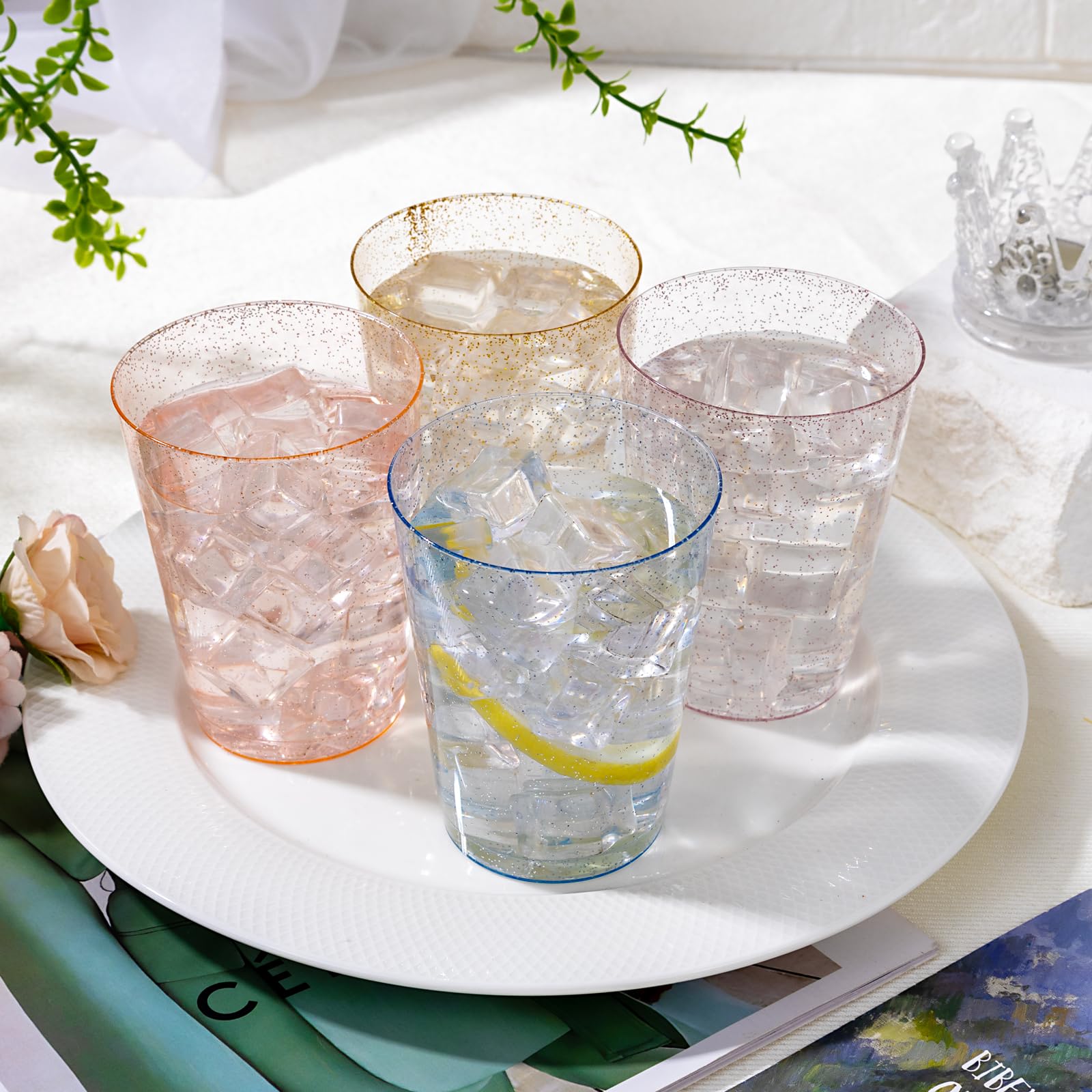 DaYammi 200 Pack Gold Plastic Cups 10 Oz Clear Cup Gold Rimmed Disposable Wine Glasses Fancy Disposable Party Cups Tumblers Drinking Cup Plastic Cocktail Glasses gold disposable cups for Party Wedding