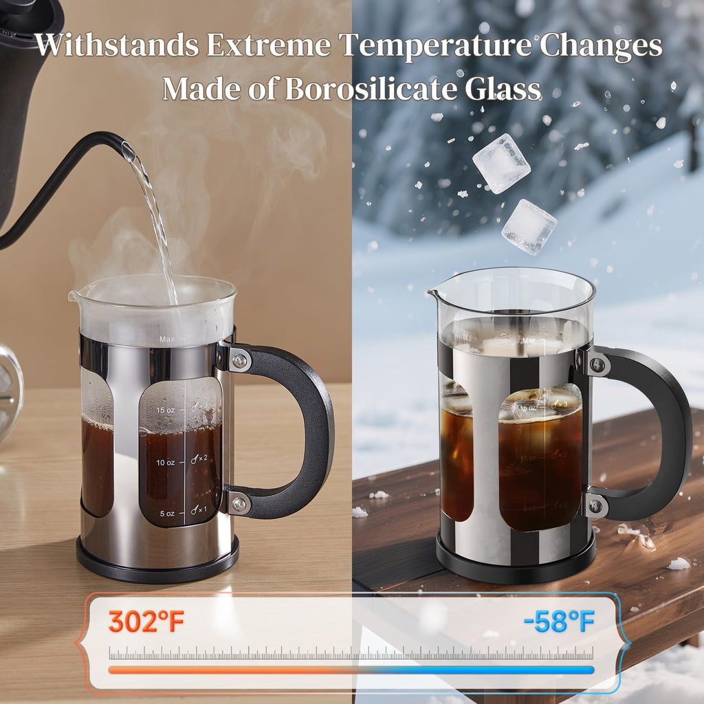 Veken French Press Coffee Maker 21oz 0.6 L, Single Serve Small Pot, Heat Resistant Thickened Borosilicate Glass, Stainless Steel Brewer, Cold Brew Cafetera Teapot for Kitchen Travel Camping, Copper
