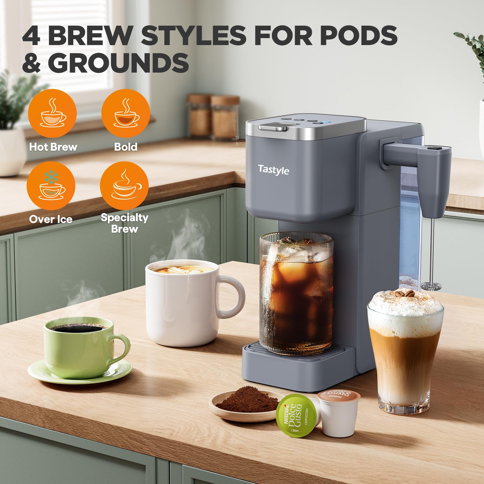Tastyle 330MF Single Serve Coffee Maker with Built-in Detachable Milk Frother, Iced and Hot Coffee Machine for K Cup & Grounds, 40oz Removable Water Reservoir, 6 Cup Sizes, Fits 7.3" Travel Mug, Black