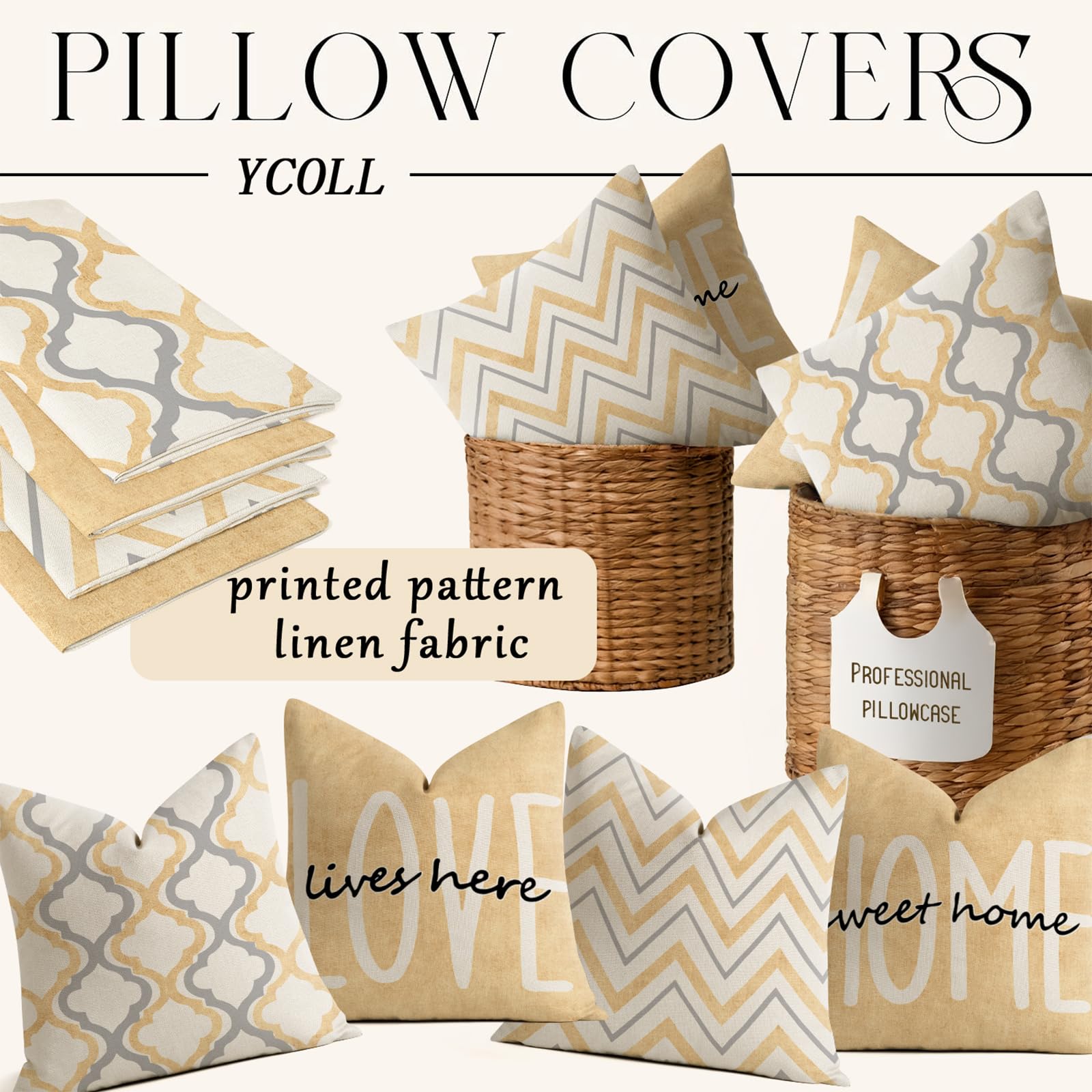 YCOLL Farmhouse Pillow Covers 18x18 Set of 4 Throw Pillow Covers Rustic Linen Decorative Pillows Square Cushion Covers for Couch Sofa Bedroom Home Decor