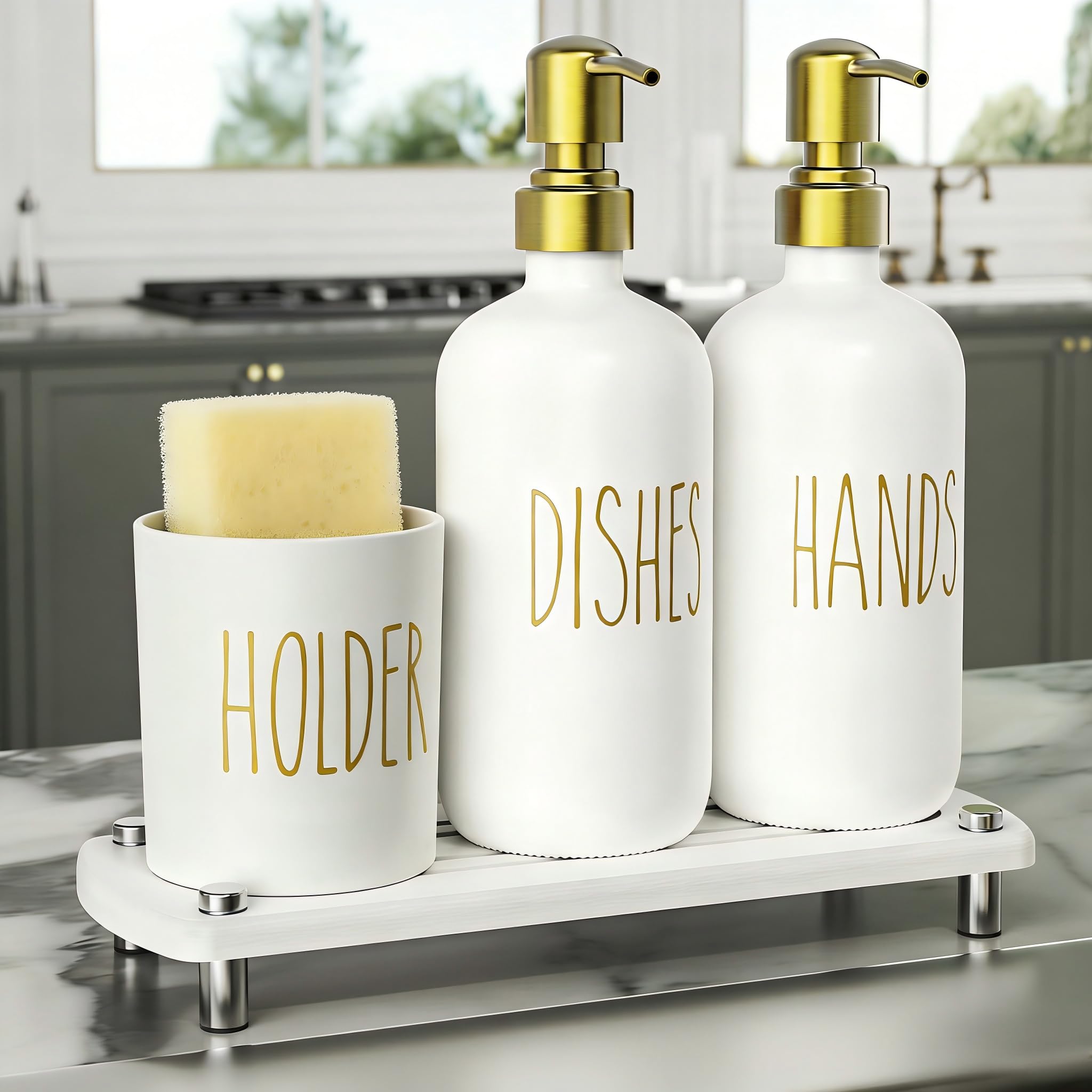 Cisily Kitchen Soap Dispenser Set Comes with Ceramics Sponge Holder, Gold Pumps, and Instant Dry Tray, Hand and Dish Soap Dispenser Set (4, Gold + White + Sponge Holder)