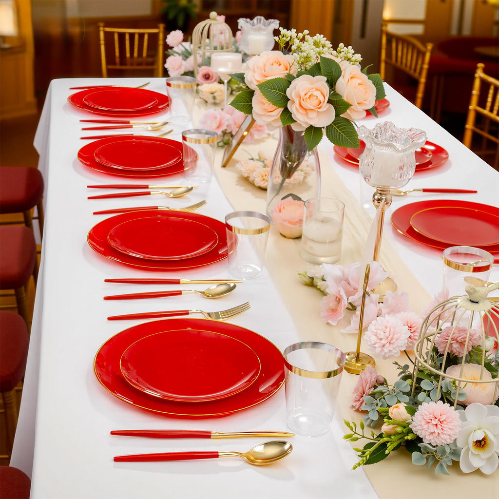 DaYammi 150Pcs Gold Plastic Plates with Disposable Silverware,White Gold Disposable Dinnerware Set - 30 Dinner Plate,30 Dessert Plate,90 Gold Cutlery with White Handles,Fancy Plates for Party Wedding