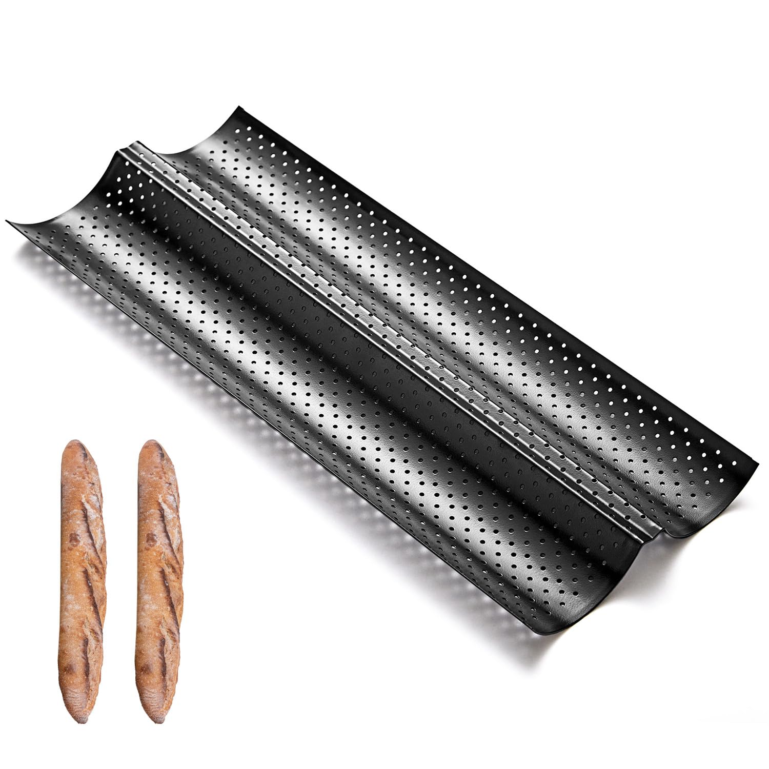 KITESSENSU Nonstick Baguette Pans for French Bread Baking, Perforated 2 Loaves Baguettes Bakery Tray, 15" x 6.3", Silver
