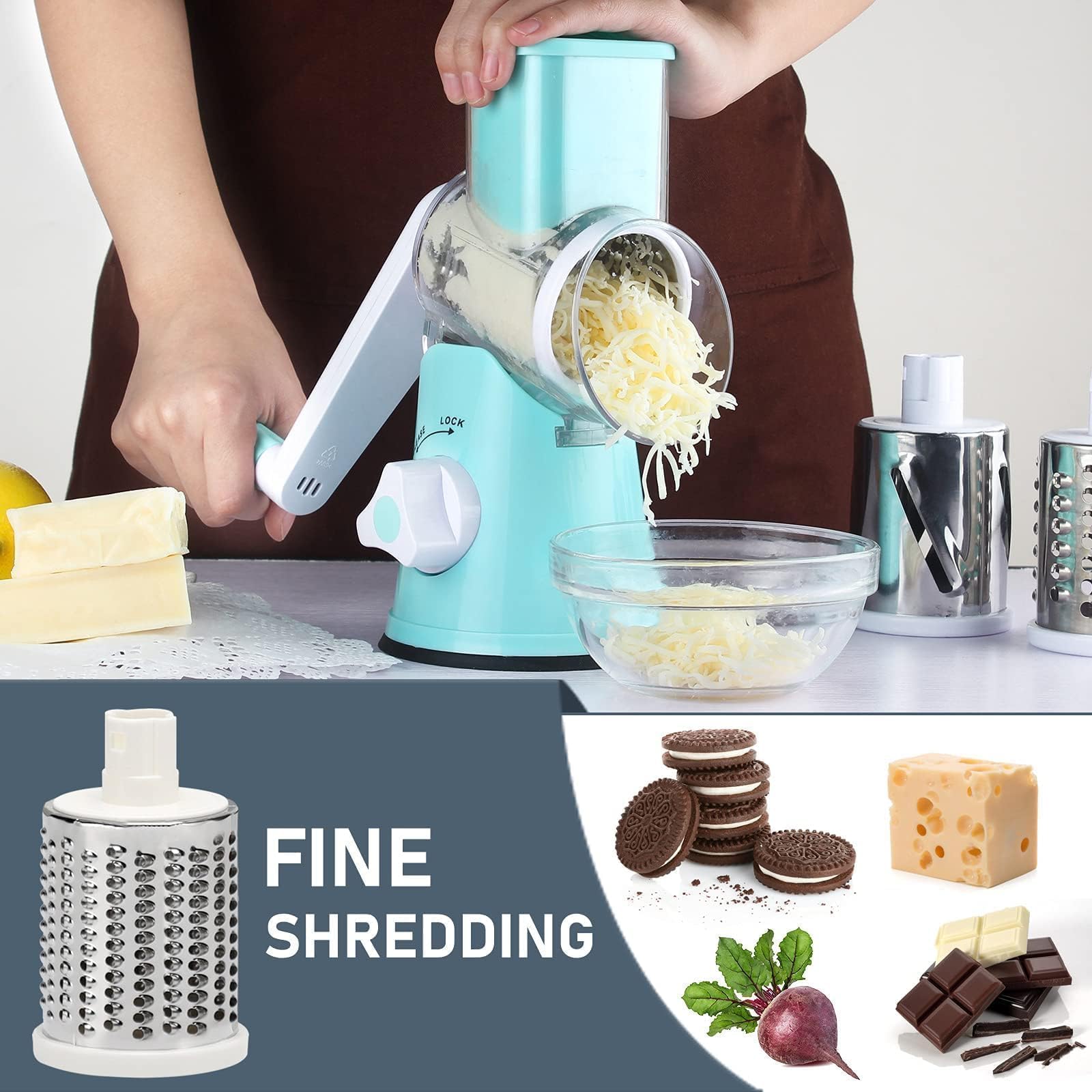 KEOUKE Rotary Cheese Grater Hand Crank Light Blue - Shredder Slicer Grinder 3 Stainless Steel Blades, Stable Suction, Labor-Saving Handle, Safe Kitchen Tool for Cheese, Vegetable, Nuts, Chocolate