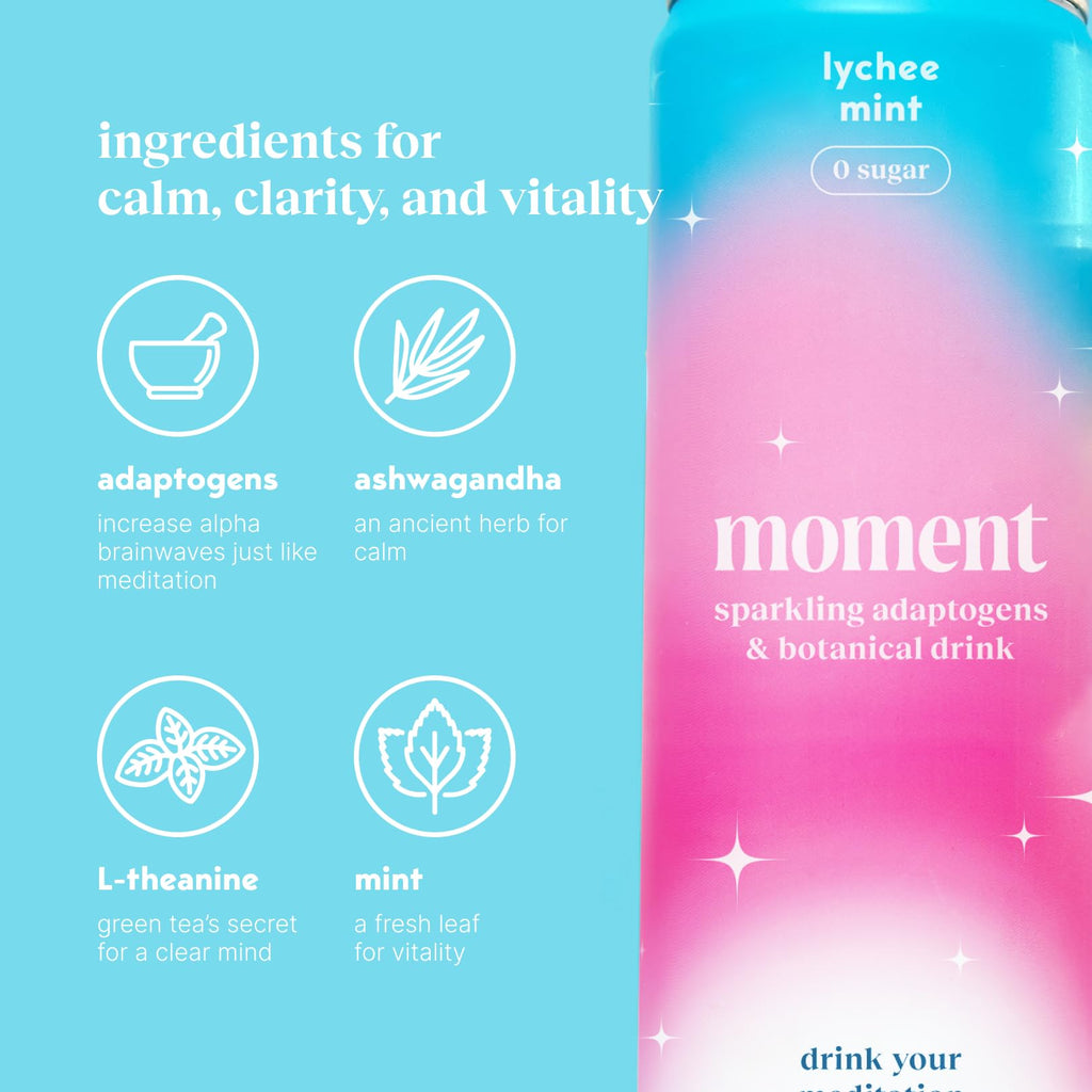 Moment Mocktails Non-Alcoholic Drinks (Shark Tank) - Calm, Clarity & Relaxation with L-Theanine & Ashwagandha - Sparkling Adaptogen Drink - 0 Sugar 0 Caffeine - 12 Pack 11.5 fl oz - Classics