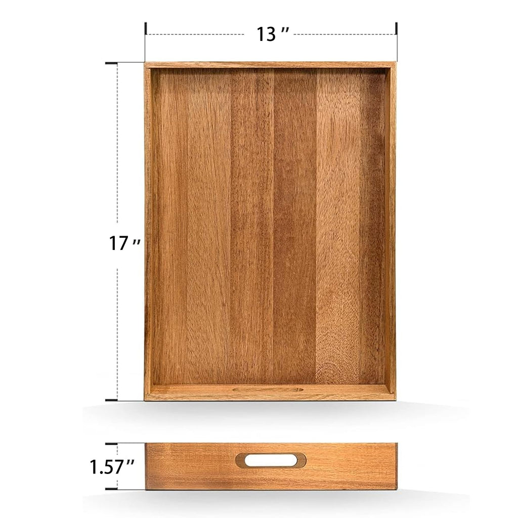 Acacia Wood Serving Tray with Handles (17 Inches) – Decorative Serving Trays Platter for Breakfast in Bed, Lunch, Dinner, Appetizers, Patio, Ottoman, Coffee Table, BBQ, Party –Great for Lap &Couch