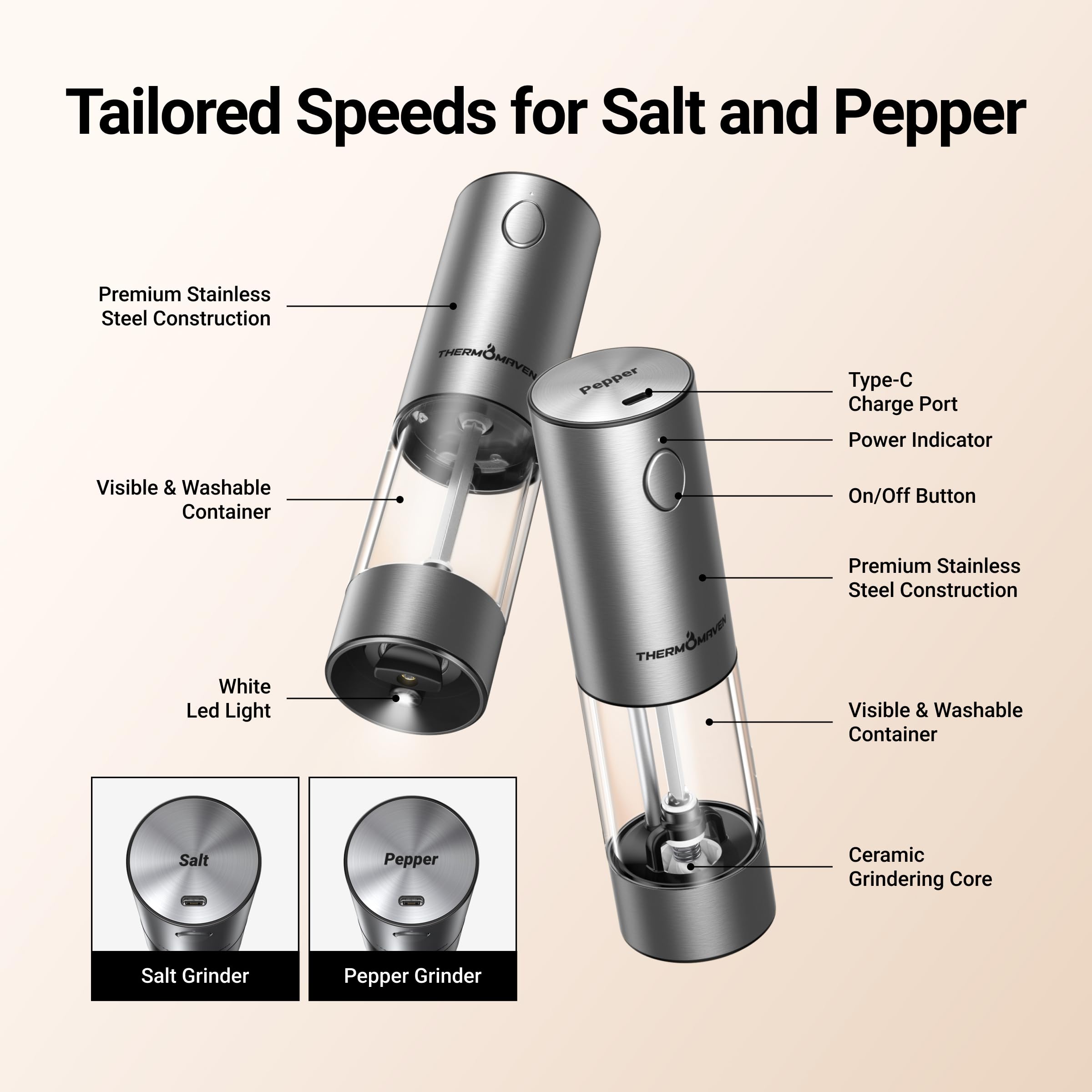 ThermoMaven Upgraded Larger Capacity Electric Salt and Pepper Grinder Set, 110ml Rechargeable Salt and Pepper Shaker with LED Light, Stainless Steel Automatic Pepper Mill with 6 Adjustable Coarseness