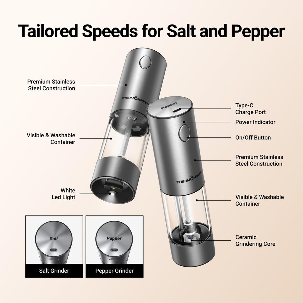 ThermoMaven Upgraded Larger Capacity Electric Salt and Pepper Grinder Set, 110ml Rechargeable Salt and Pepper Shaker with LED Light, Stainless Steel Automatic Pepper Mill with 6 Adjustable Coarseness