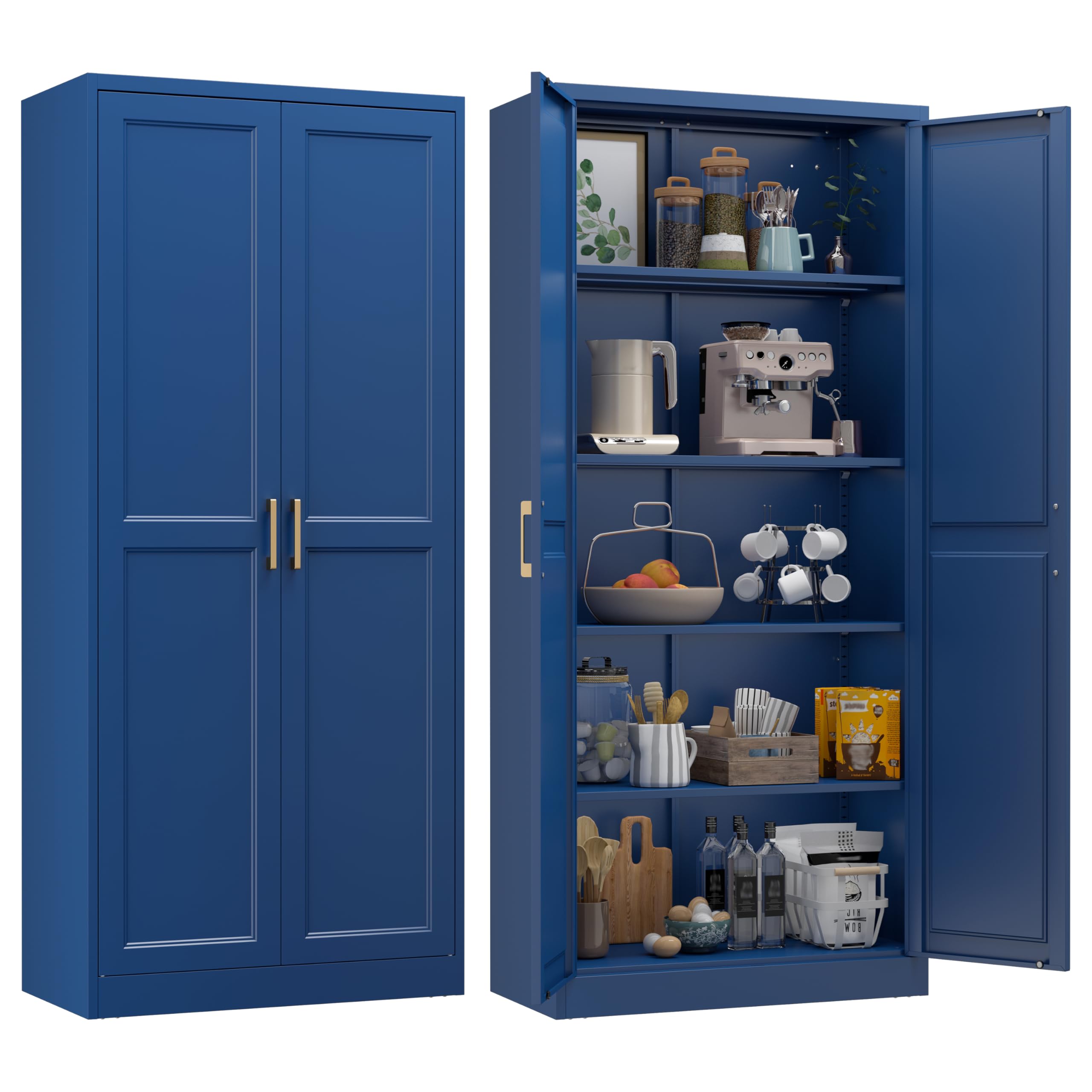 75" Tall Metal Kitchen Storage Cabinet,White Kitchen Pantry Storage Cabinet with Doors and 4 Adjustable Shelves,Utility Cabinet for Living Room,Garage,Dining Room and Office,Assemble Required