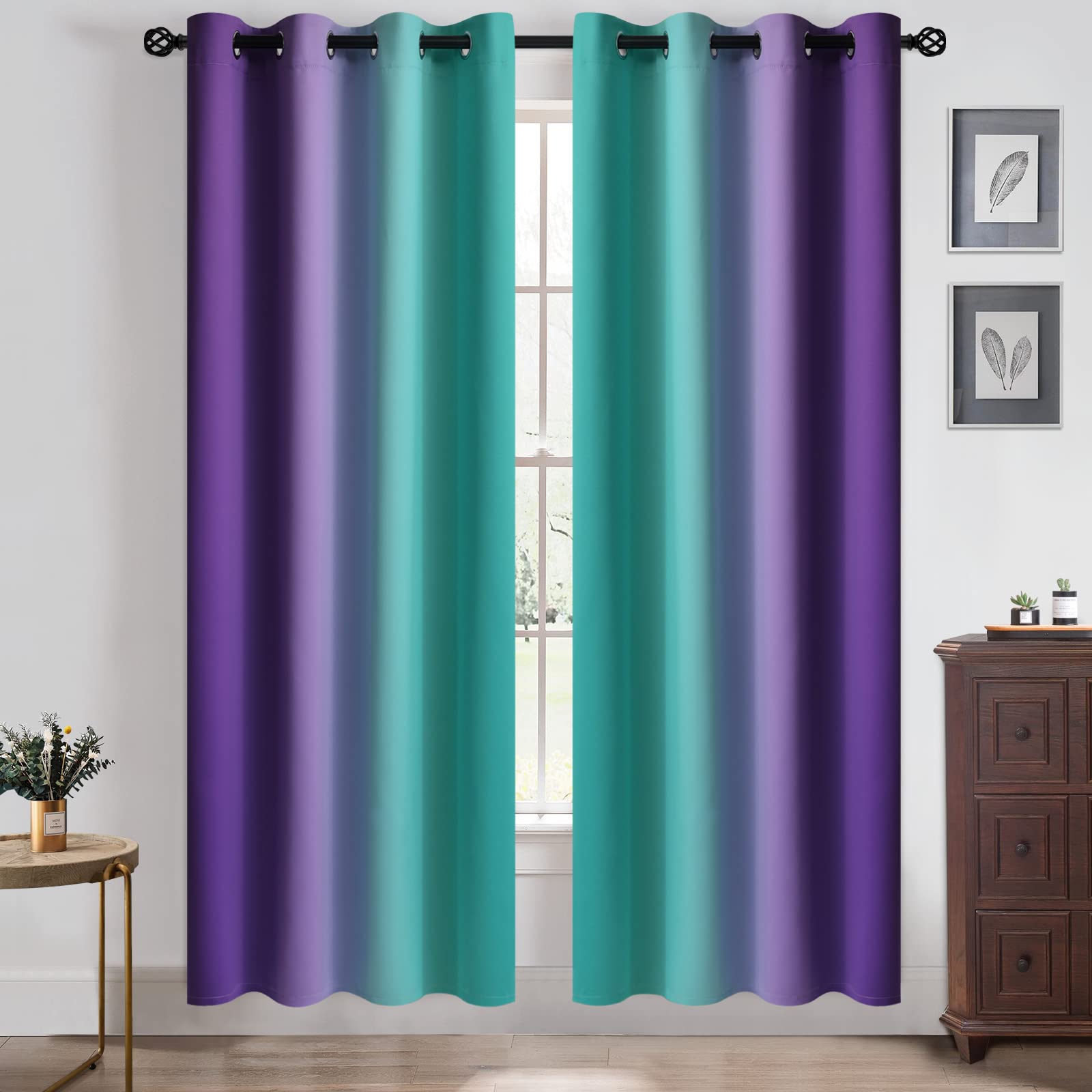 Yakamok Blue and Greyish White Ombre Curtains, Room Darkening Gradient Color Curtains for Bedroom, Light Blocking Thermal Insulated Window Drapes for Living Room(2 Panels, 52x84 Inch)