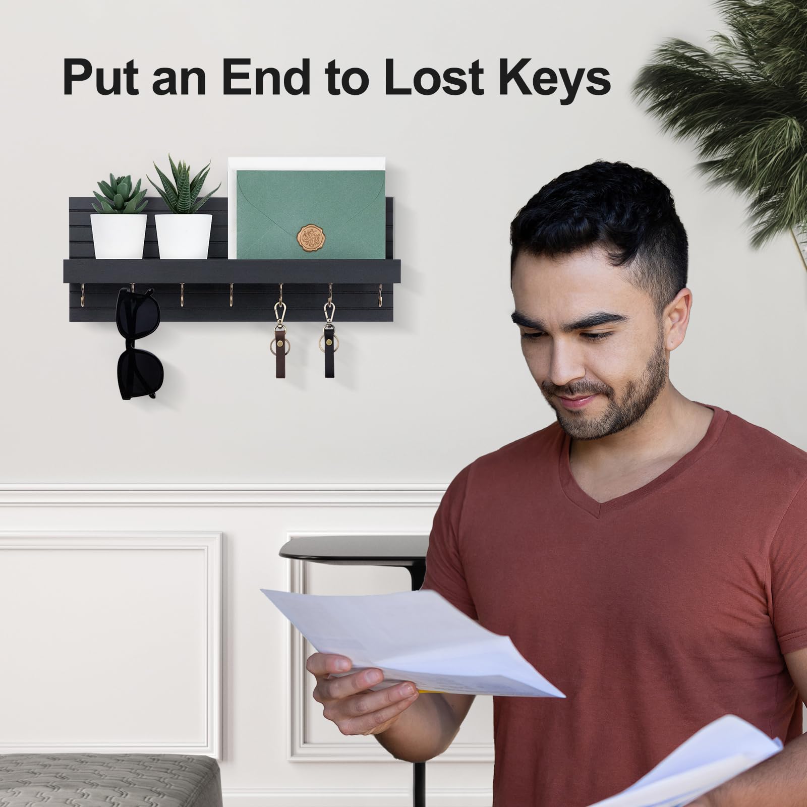Decorative Key Holder for Wall with Shelf, Entryway Shelf with Hooks Holds Leashes, Jackets and Glasses – Sturdy Wood Keyholder Entrance Hanger with Mounting Hardware (Black, Medium)