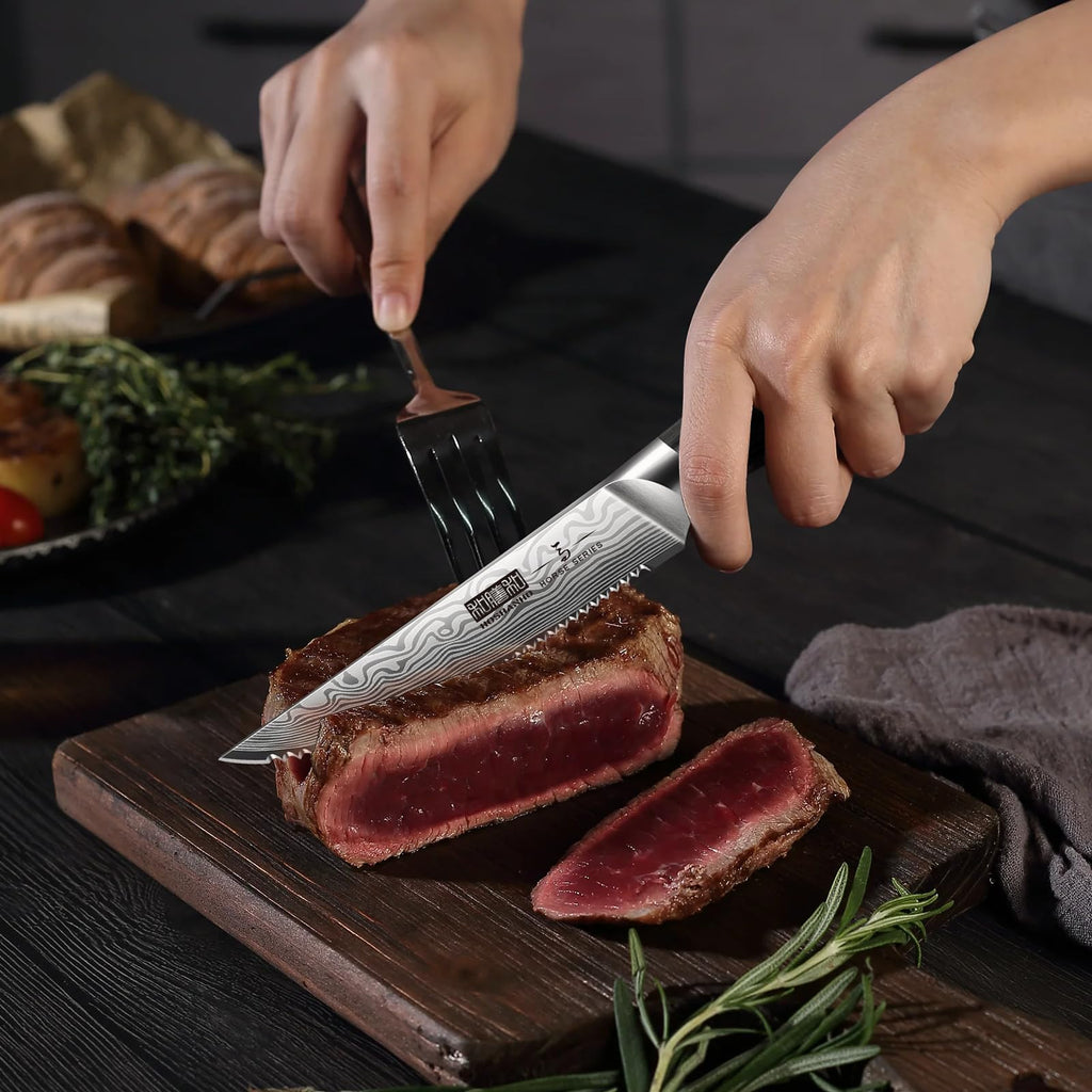 HOSHANHO Steak Knives Set of 6, 4.5 Inch Japanese Serrated Steak Knife Set, Ultra Sharp High Carbon Powder Steel Steak Knife with Pakkawood Handle