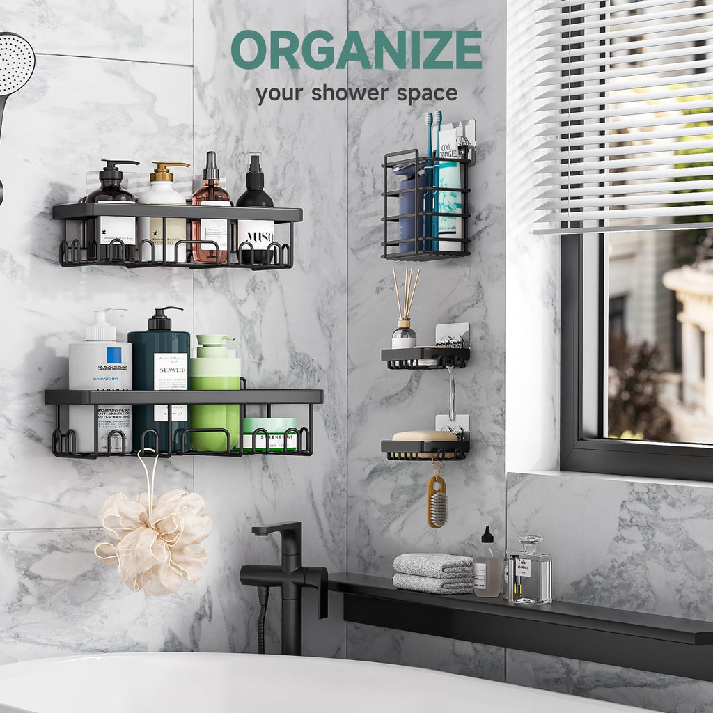 Veken Shower Caddy 6-Pack, Advanced Rustproof Design, No Drilling Adhesive Shelves, Rack with Soap Holder, Large Capacity Bathroom Organizers and Storage, Wall-Mounted Kitchen & Home Decor
